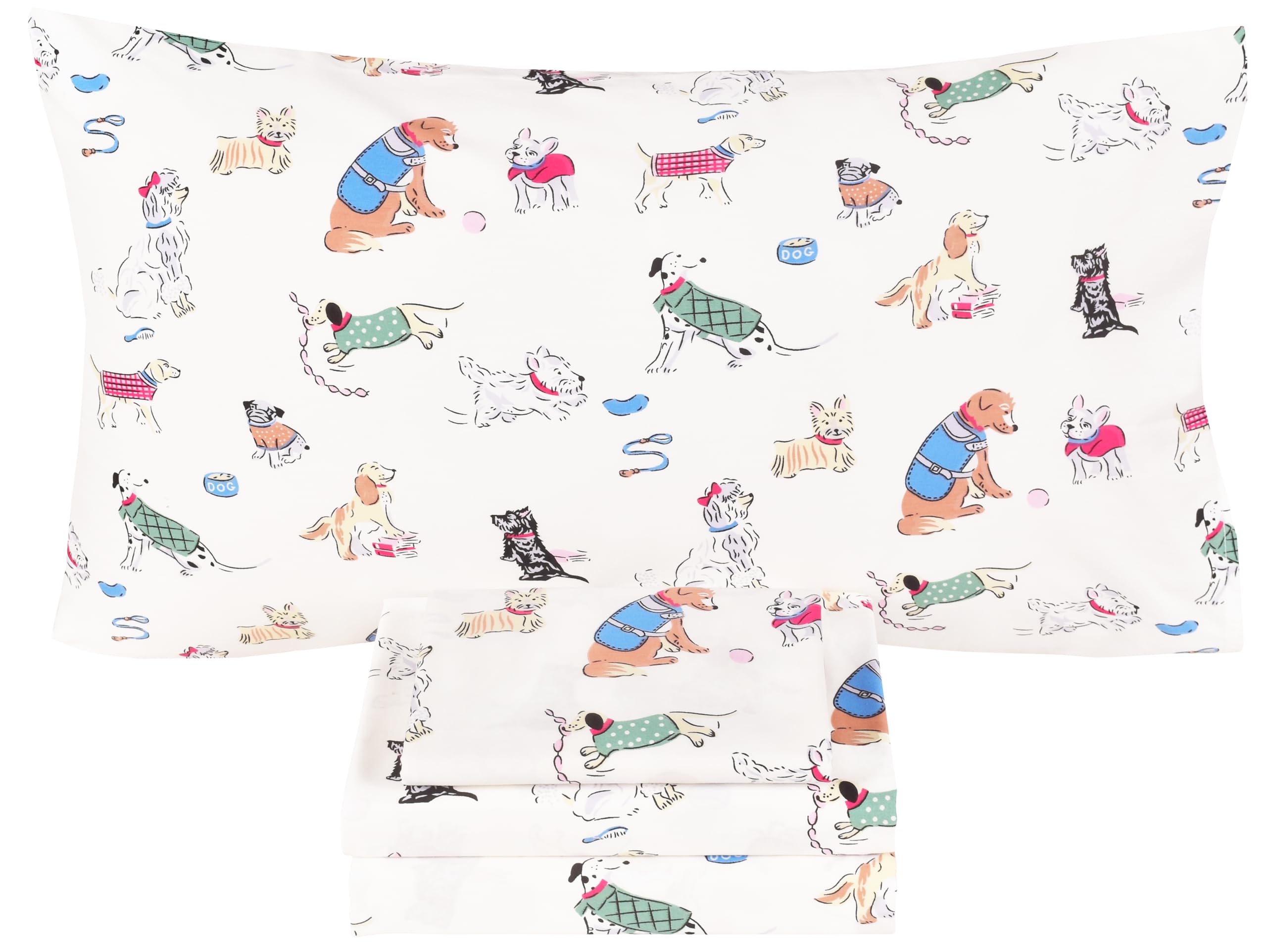 Scientific Sleep Puppy Dog 100% Cotton 4 Pcs Full Bed Sheet Set Kids Toddler Teen, Flat Sheet & Fitted Sheet & Pillowcase Girls 