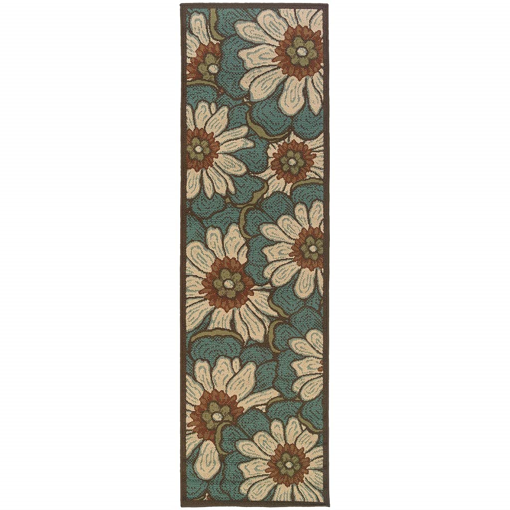 HomeRoots Polypropylene 2’x8’ Blue and Brown Floral Indoor Outdoor Runner Rug