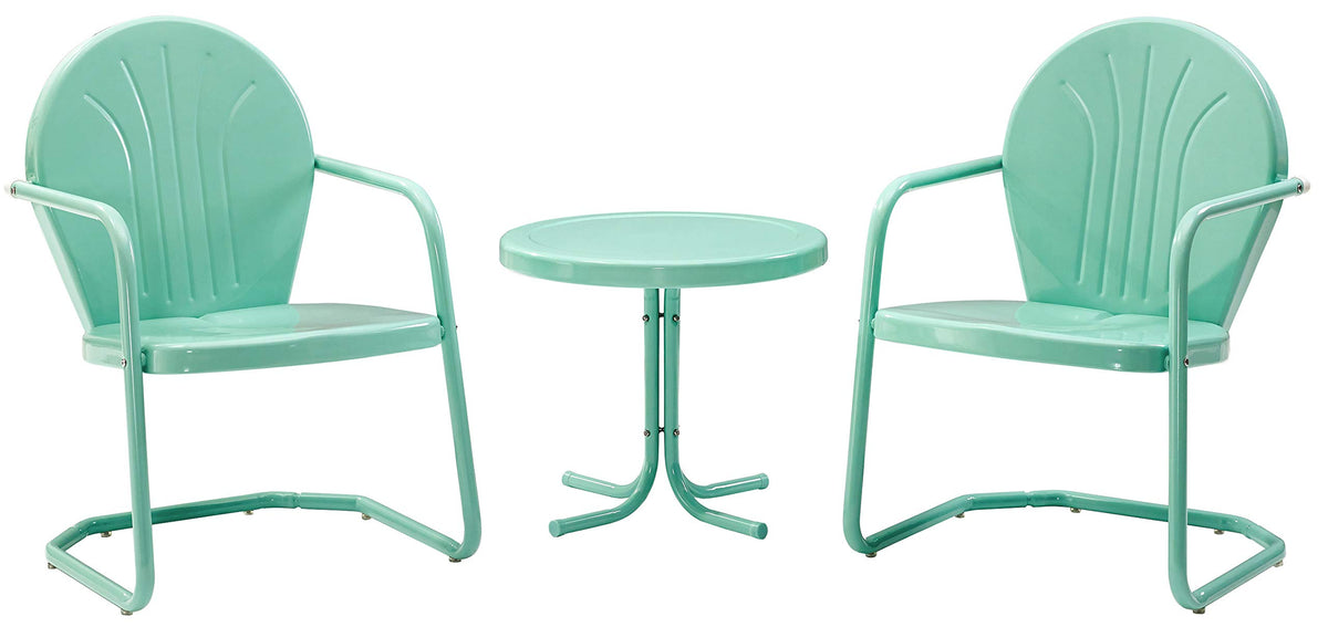 Crosley Furniture Griffith 3-Piece Outdoor Chair and Side Table Set, Retro Metal Bistro Patio Sets for Porch, Aqua