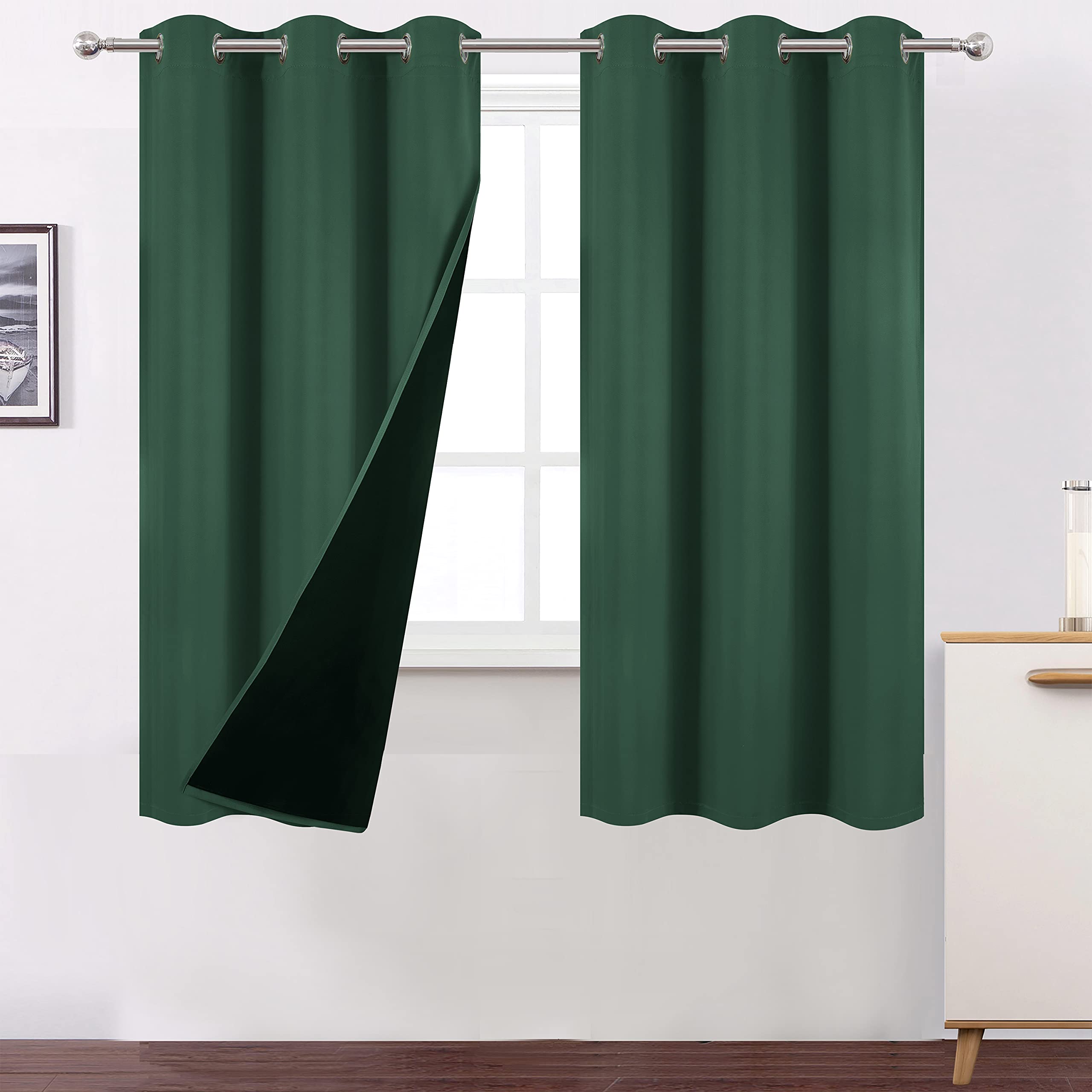 LEMOMO 100% Blackout Curtains 40 x 63 Inch/Green Curtains 2 Panels with Black Liner/Double Layer Full Room Darkening Bedroom Cur
