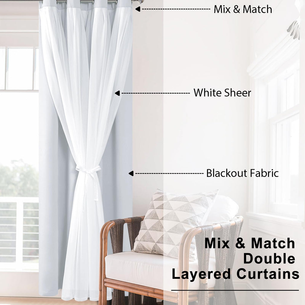 Hiasan Greyish White Blackout Curtains With Sheer, Thermal Insulated Privacy Double Layer Grommet Window Curtains For Bedroom, L