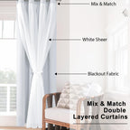 Hiasan Greyish White Blackout Curtains With Sheer, Thermal Insulated Privacy Double Layer Grommet Window Curtains For Bedroom, L