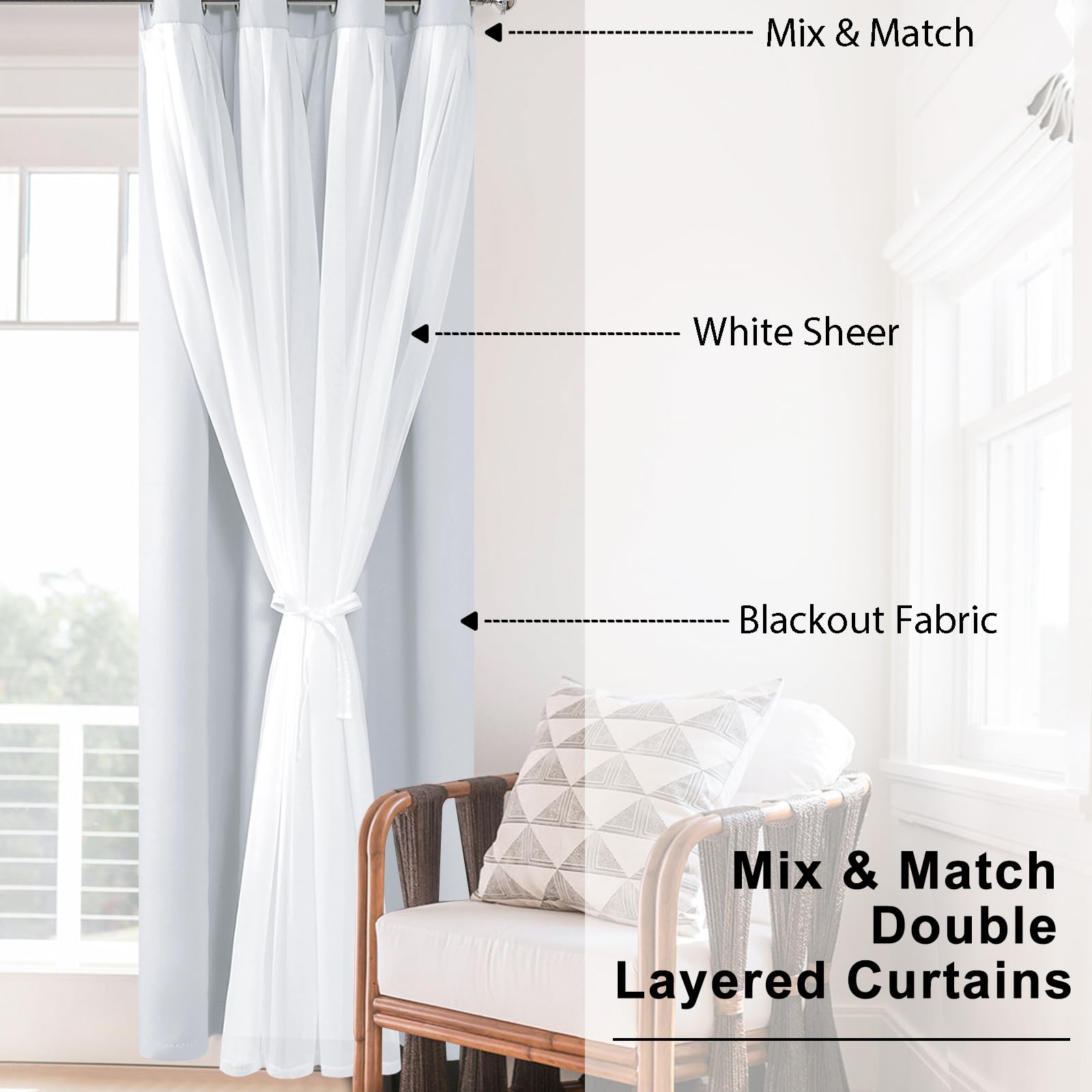 Hiasan Greyish White Blackout Curtains With Sheer, Thermal Insulated Privacy Double Layer Grommet Window Curtains For Bedroom, L