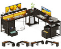 Aodk 66' L Shaped Computer Desk, 113“ Reversible Home Office Desk With File Cabinet & 4 Fabric Drawers, Two Person Desk With Led Lights & Power Outlet, Corner Gaming Desk With Monitor Shelf, Black