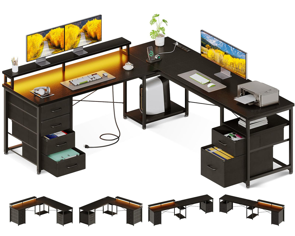 Aodk 66' L Shaped Computer Desk, 113“ Reversible Home Office Desk With File Cabinet & 4 Fabric Drawers, Two Person Desk With Led Lights & Power Outlet, Corner Gaming Desk With Monitor Shelf, Black