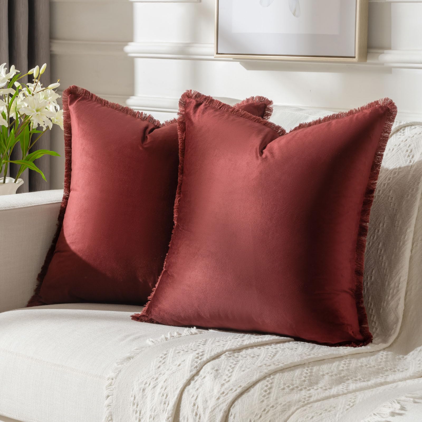 Futei Burgundy Boho Throw Pillow Covers With Tassels 20X20 Inch Set Of 2,Soft Velvet Decorative Cushion Case,Home Decor For Couc