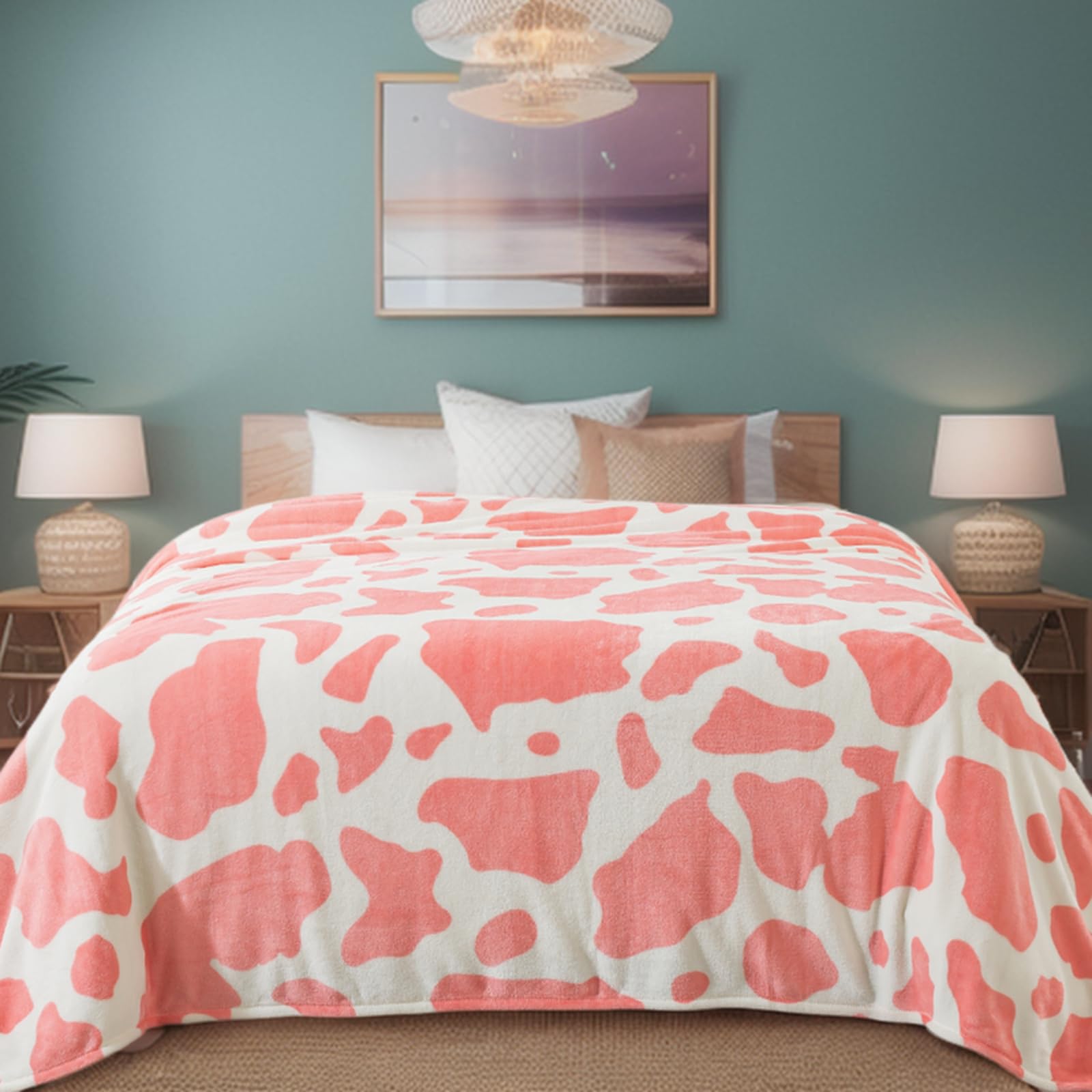 Fleece Cow Print Blanket For All Season - Premium Lightweight Anti-Static Pink And Ivory Twin/Twin Xl Size Extra Long Blankets,B