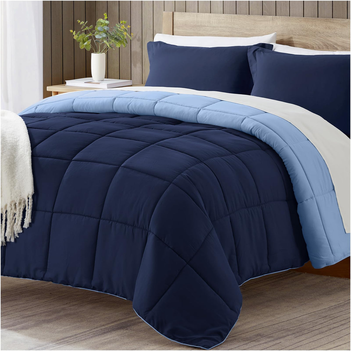 Satisomnia California King Comforter Set, Navy Blue Bedding Comforters Cal King Size, 3 Pieces Down Alternative Bed Comforter Li