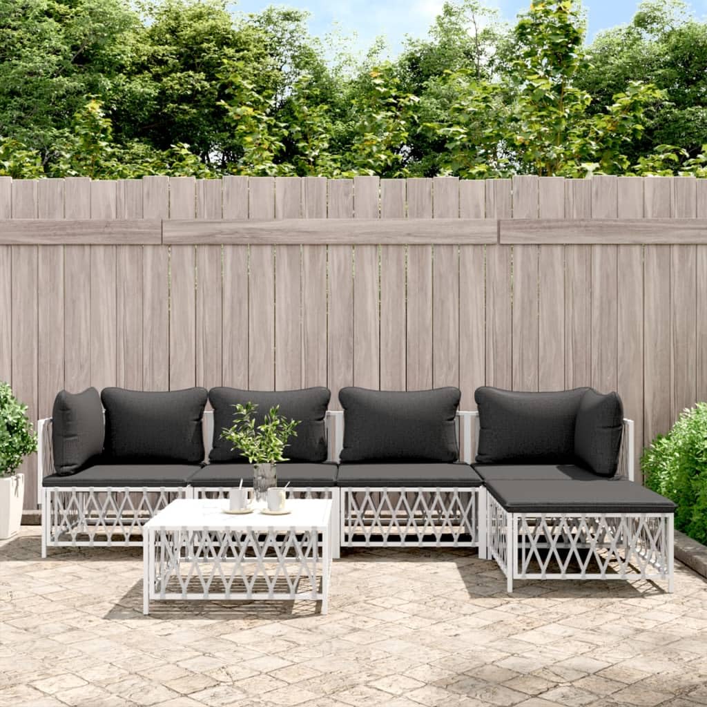 vidaXL White Steel Patio Lounge Set - 6-Piece Outdoor Sofa Set with Cushions - Durable Woven Fabric