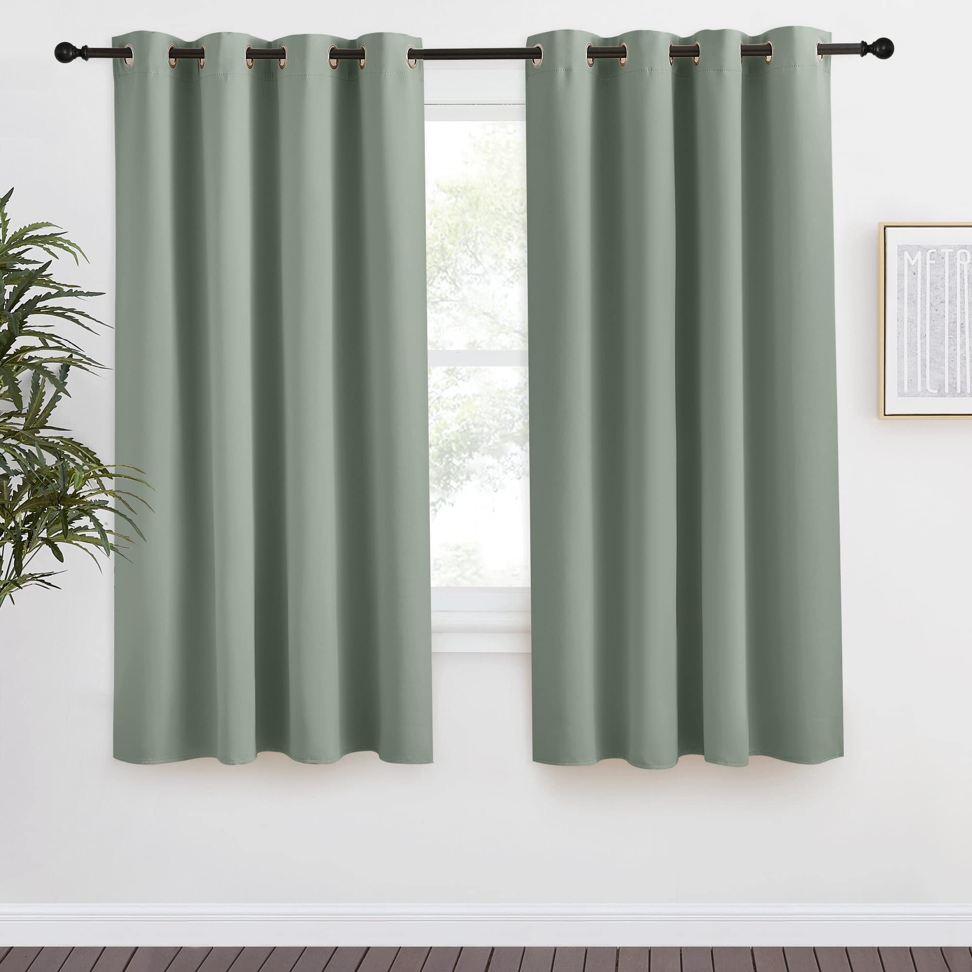 Nicetown Blackout Greyish Green Curtain 68 Inch Length For Bedroom, W55 X L68, 1 Panel, Thermal Insulated Grommet Room Darkening Window Drape Sound Dampening For Living Room