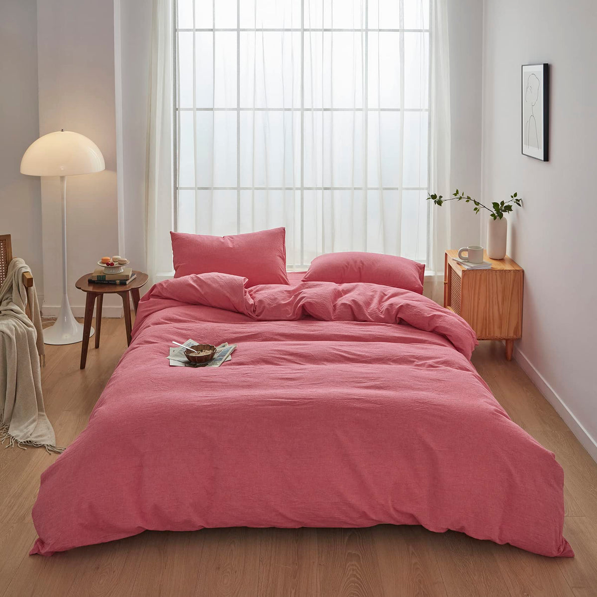Face Two Face Bedding Duvet Cover Set100% Washed Cotton Duvet Cover Linen Like Textured Breathable Durable Soft Comfy (King, Red)
