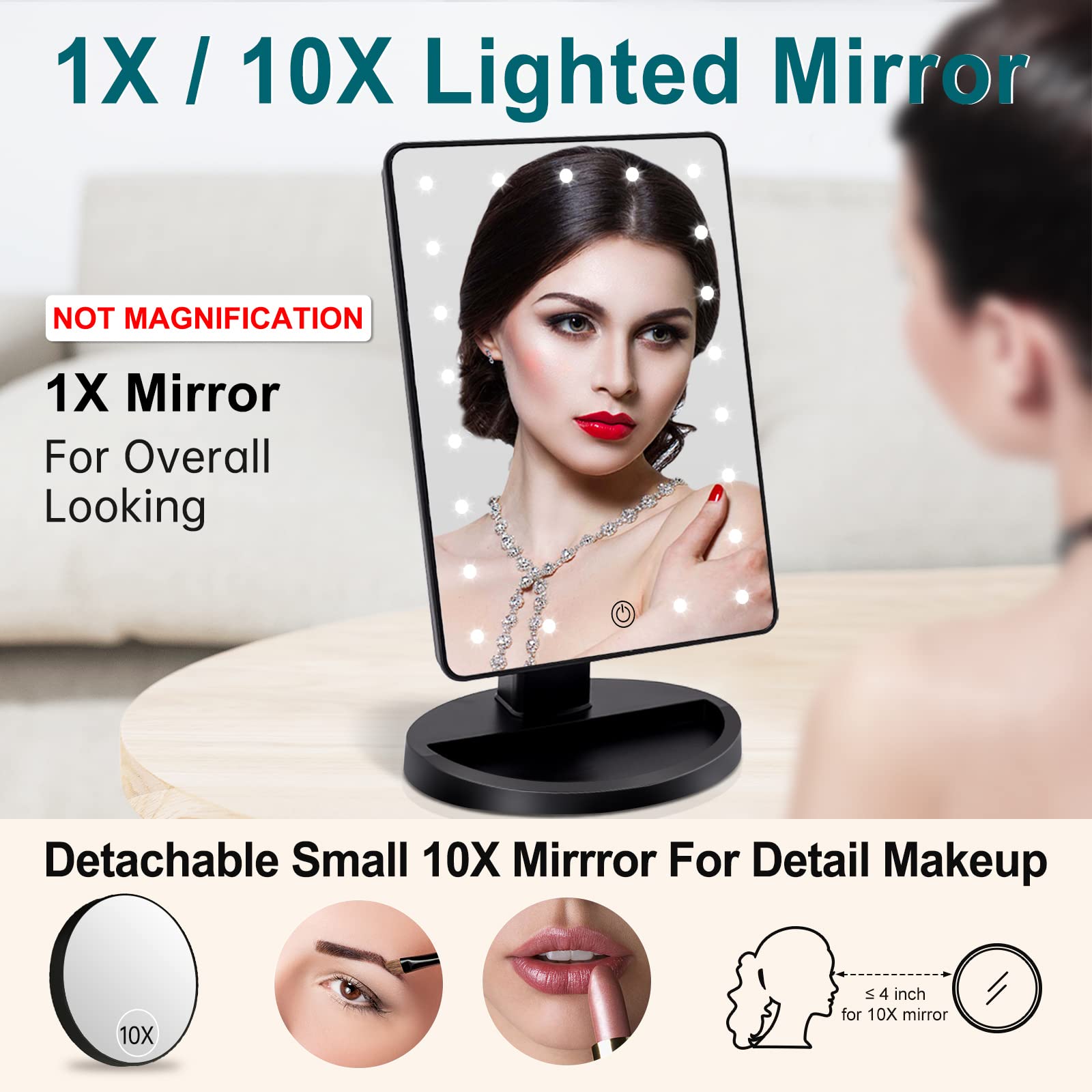 Cosmirror Lighted Makeup Vanity Mirror With 10X Magnifying Mirror, 21 Led Lighted Mirror With Touch Sensor Dimming, 180Adjustabl