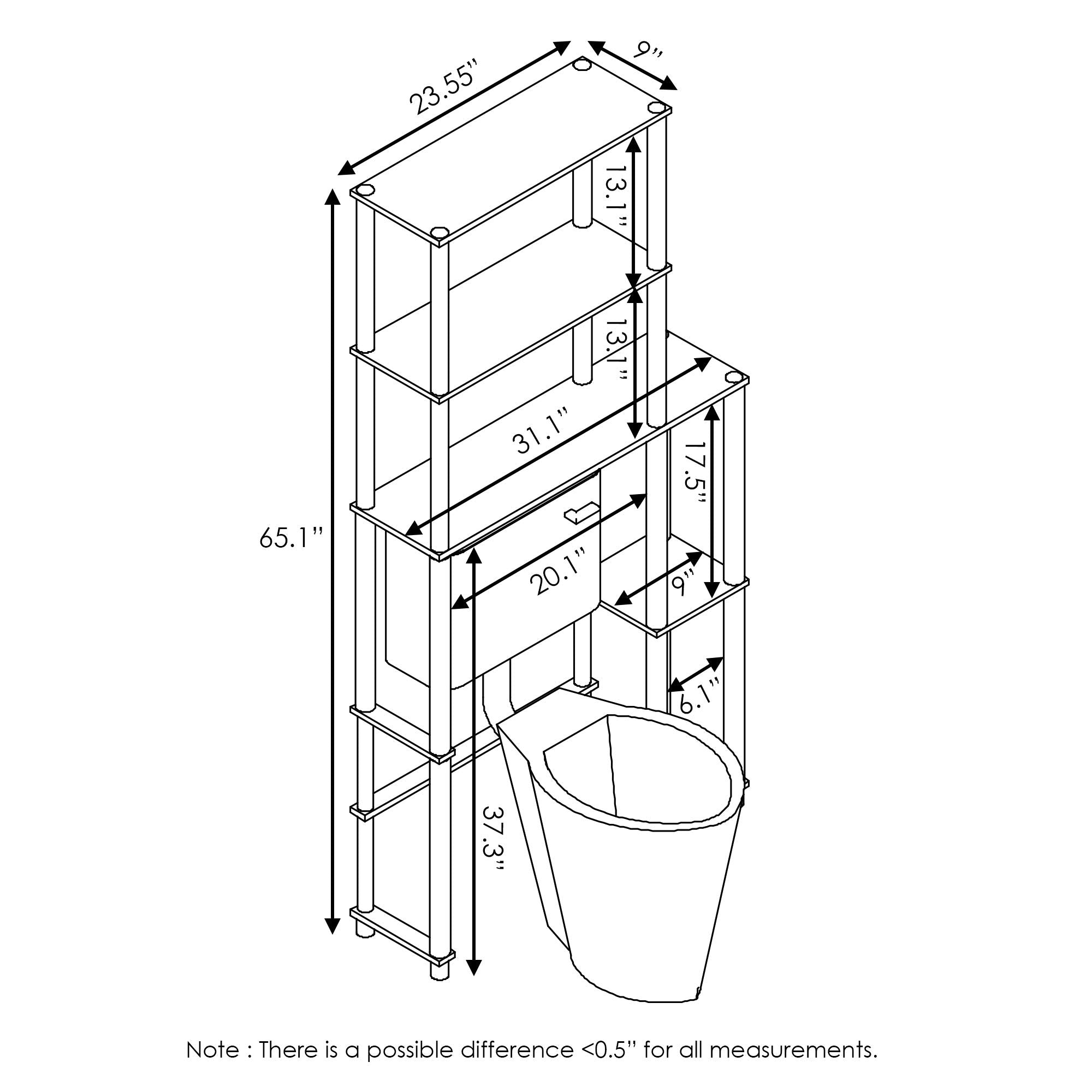 Furinno Turn-N-Tube Over The Toilet Storage, 5 Shelves Bathroom Organizer Space Saver Rack, French Oak Grey/Black