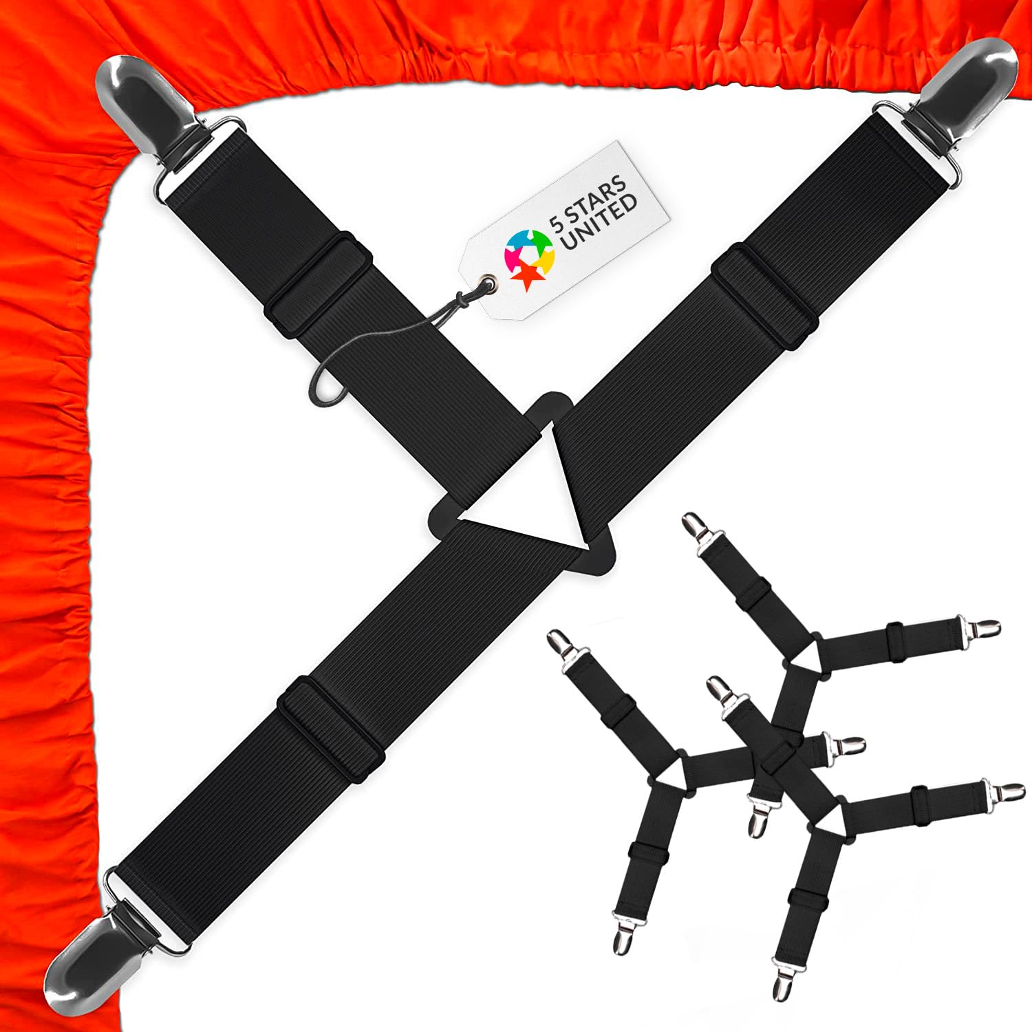 5 Stars United Bed Sheet Straps Set, Elastic Fasteners With Metal Clips, Sheet Holders For Corners, Fitted Sheet Clips To Hold S