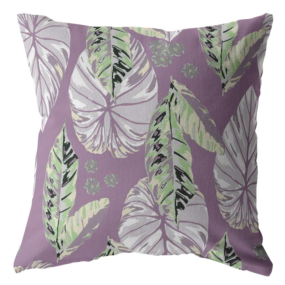 HomeRoots Light Green and White On Purple 18â€ White Purple Tropical Leaf Suede Throw Pillow