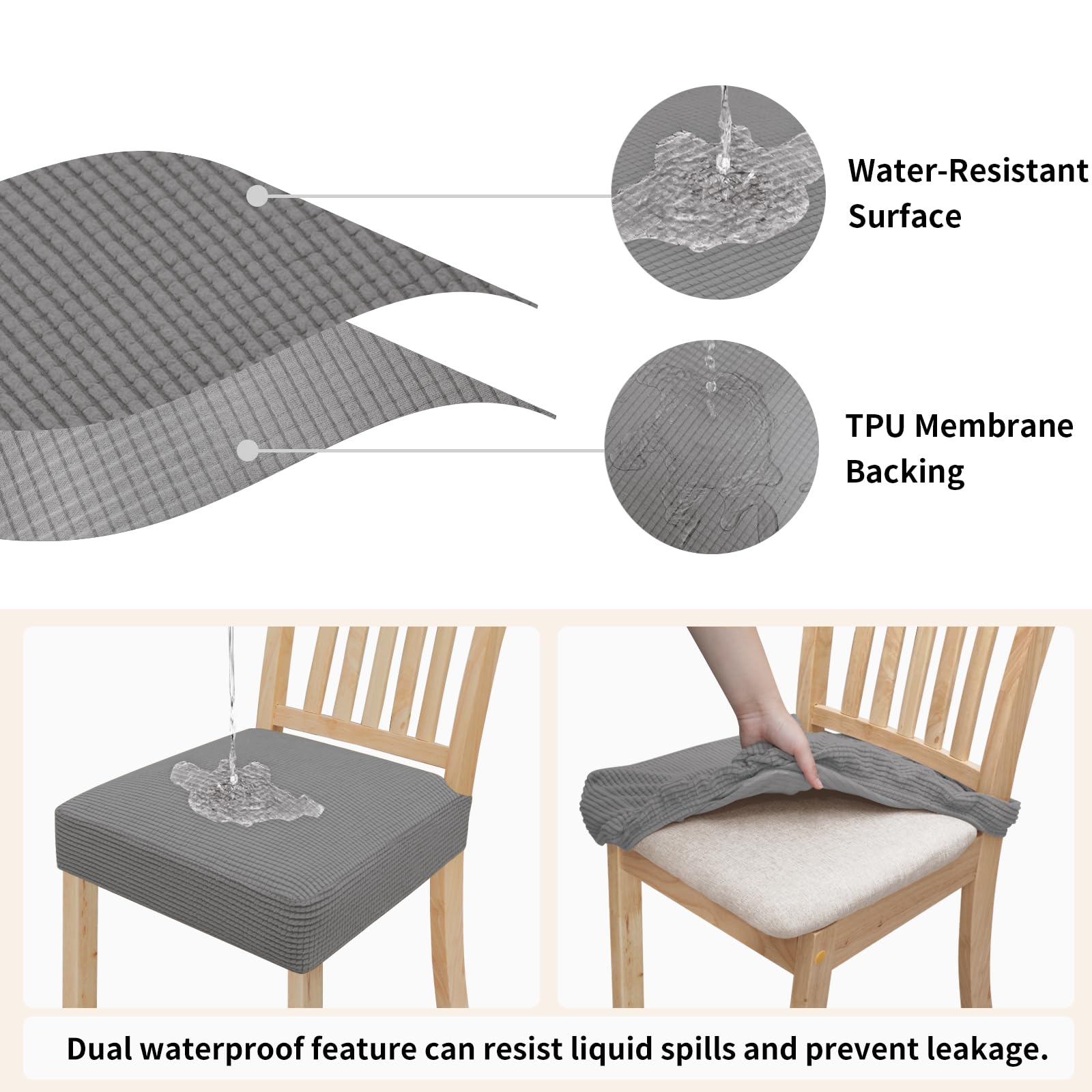 Easy-Going 100% Waterproof Seat Covers For Dining Room Chairs, Stretch Jacquard Chair Seat Slipcovers Removable And Washable Kitchen Dining Chair Covers (Set Of 4, Light Gray)