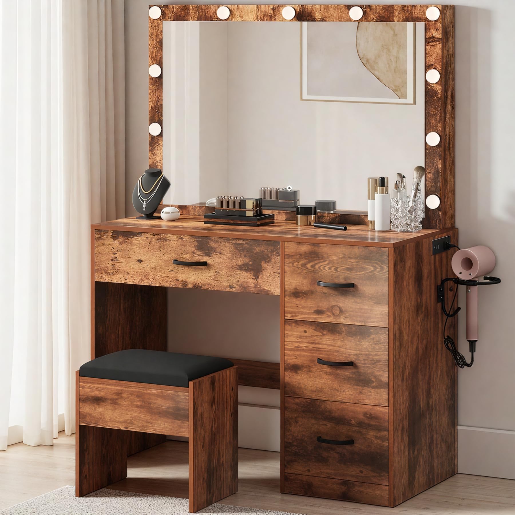 YITAHOME Vanity Desk with Mirror and Lights, Makeup Vanity Set for Dressing Room, Makeup Table with Power Outlets & Cushioned St
