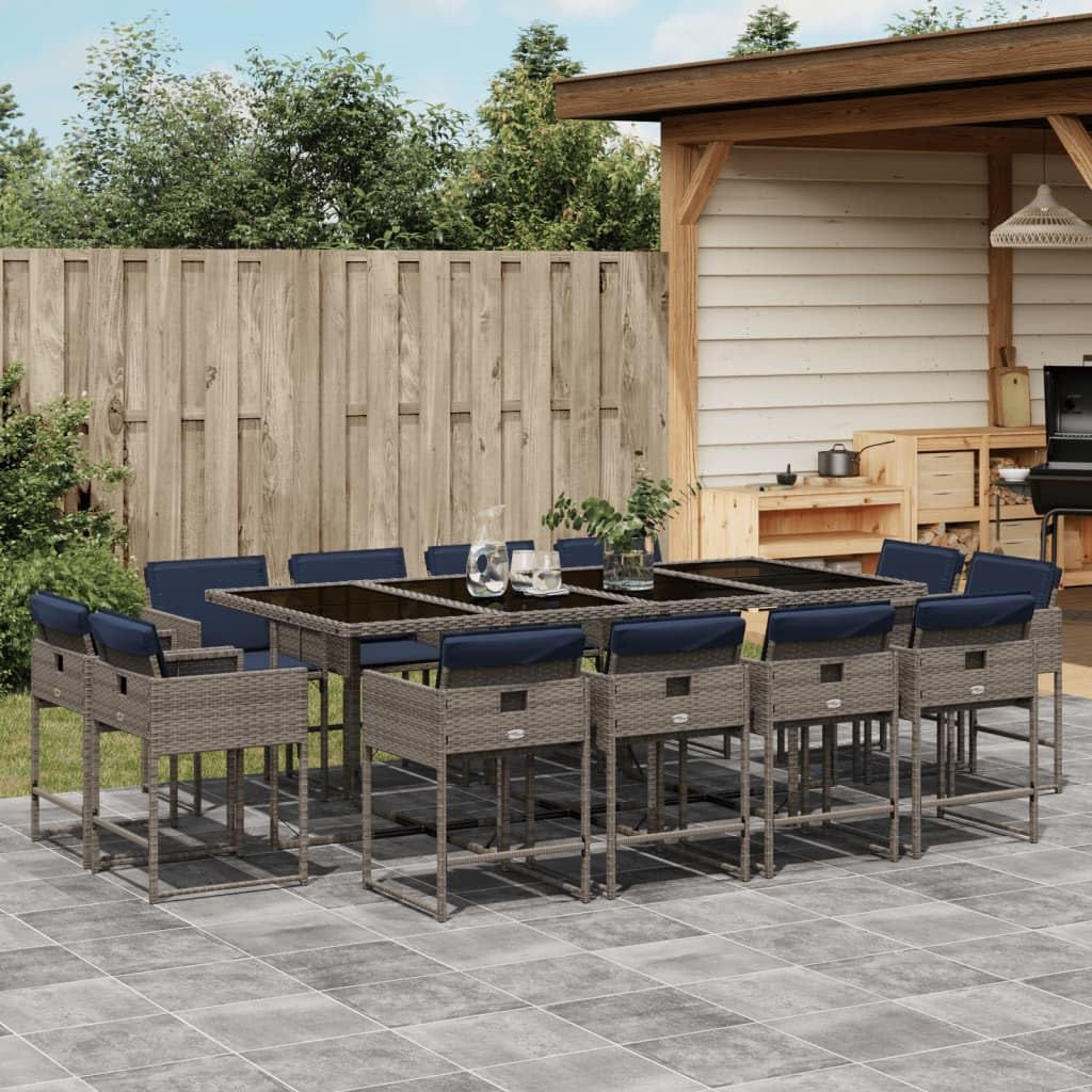 vidaXL 13 Piece Patio Dining Set with Cushions - Gray Poly Rattan, Glass Tabletop, Compact Storage, UV-Resistant
