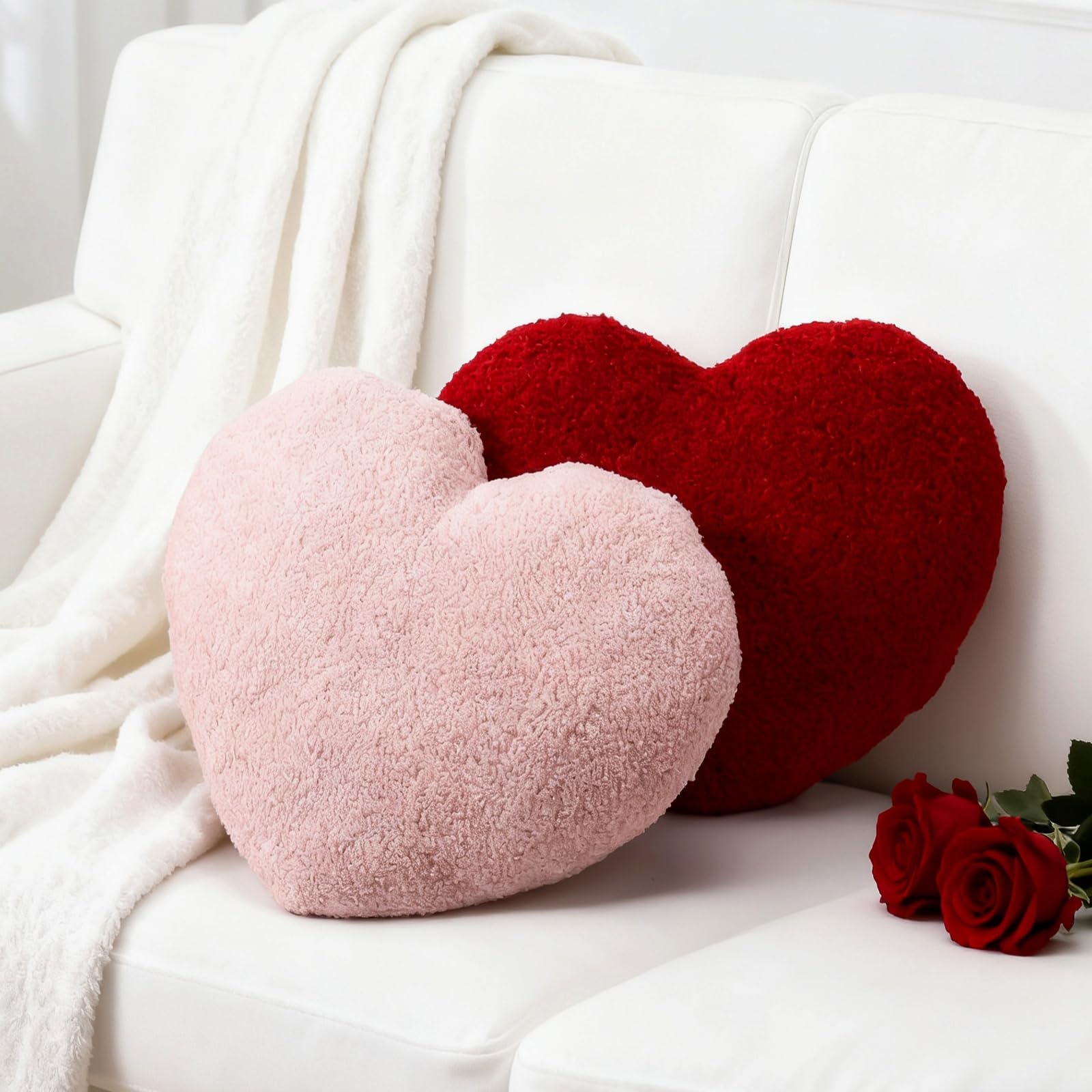 Kathfly 2 Pcs Valentine's Day Heart Pillows 17 Inch Red and Pink Heart Shaped Gifts Large Hooked Wool Throw Pillow for Couples W