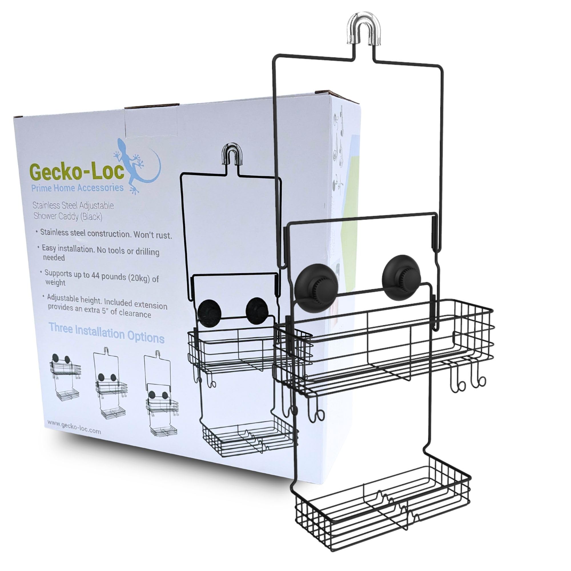 Gecko-Loc Extra Long Wide Adjustable Length over the showerhead hanging shower caddy organizer - for Shampoo, Soap, & Razors - B