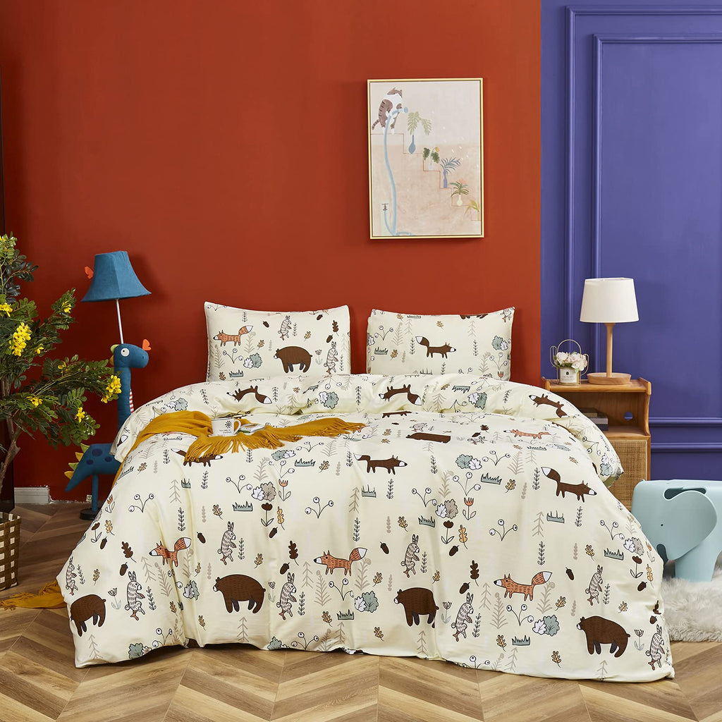 Clothknow Yellow Twin Comforter Set Animal 3Pcs Light Yellow Bedding Comforter Sets Kids Cartoon Comforter Soft Fox Rabbit Beige