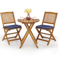 Giantex 3Pcs Patio Bistro Set, Wood Folding Table Set, 2 Cushioned Chairs For Garden Yard, Outdoor Furniture Round Table (Natural & Navy Blue)