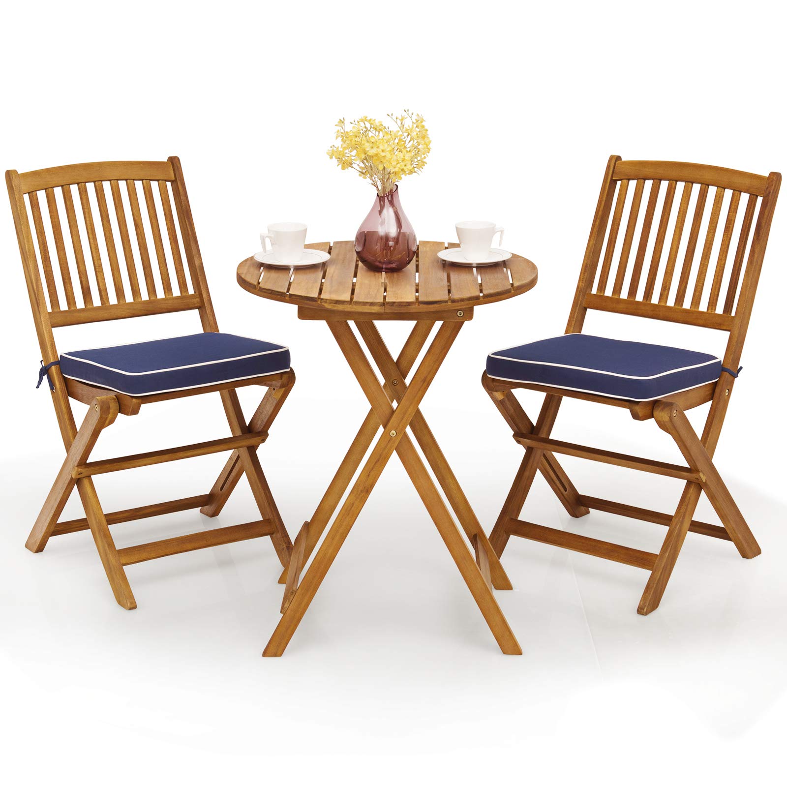 Giantex 3Pcs Patio Bistro Set, Wood Folding Table Set, 2 Cushioned Chairs For Garden Yard, Outdoor Furniture Round Table (Natural & Navy Blue)