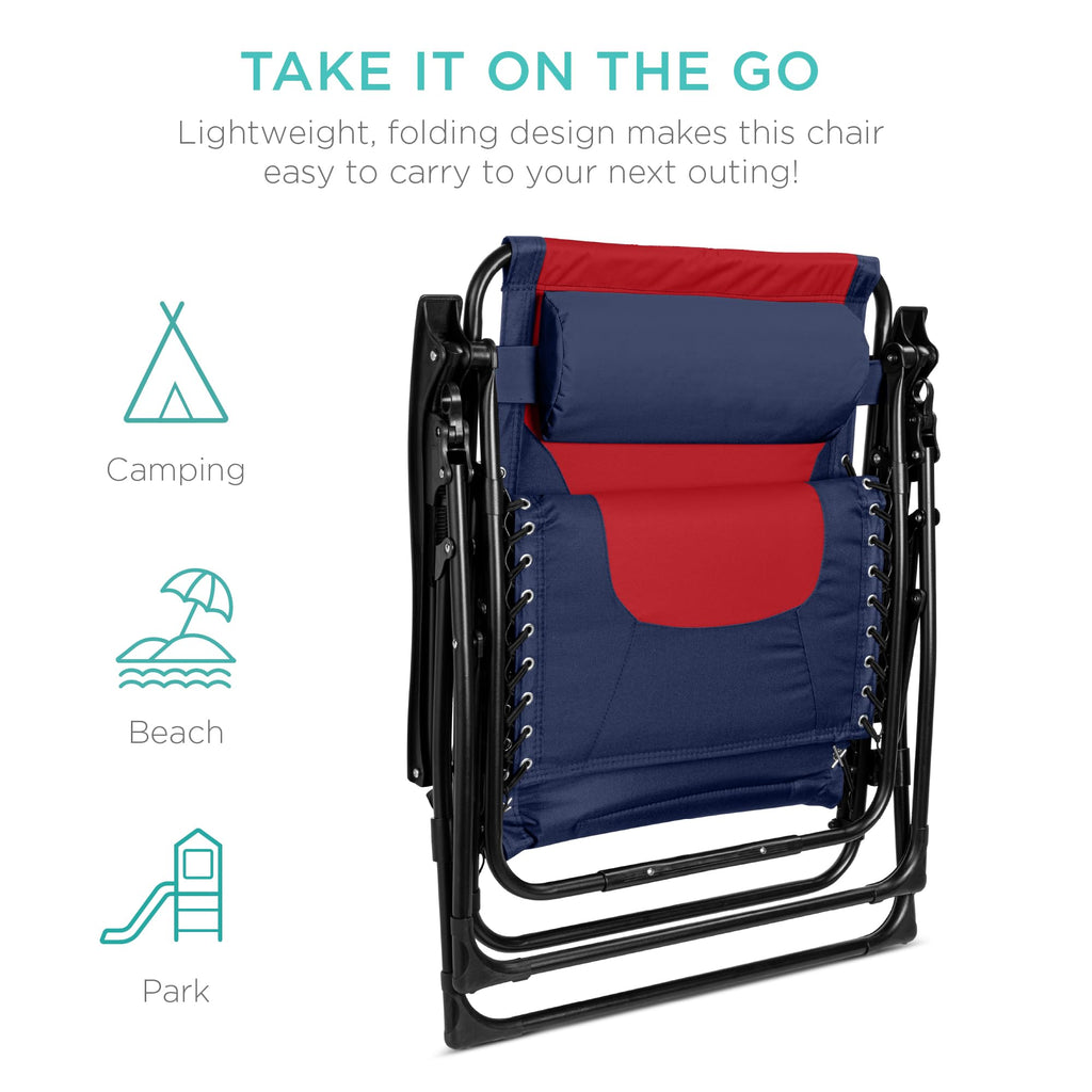 Best Choice Products Oversized Padded Zero Gravity Chair, Folding Outdoor Patio Recliner, Xl Anti Gravity Lounger For Backyard W/Headrest, Cup Holder, Side Tray, Polyester Mesh - Navy/Red