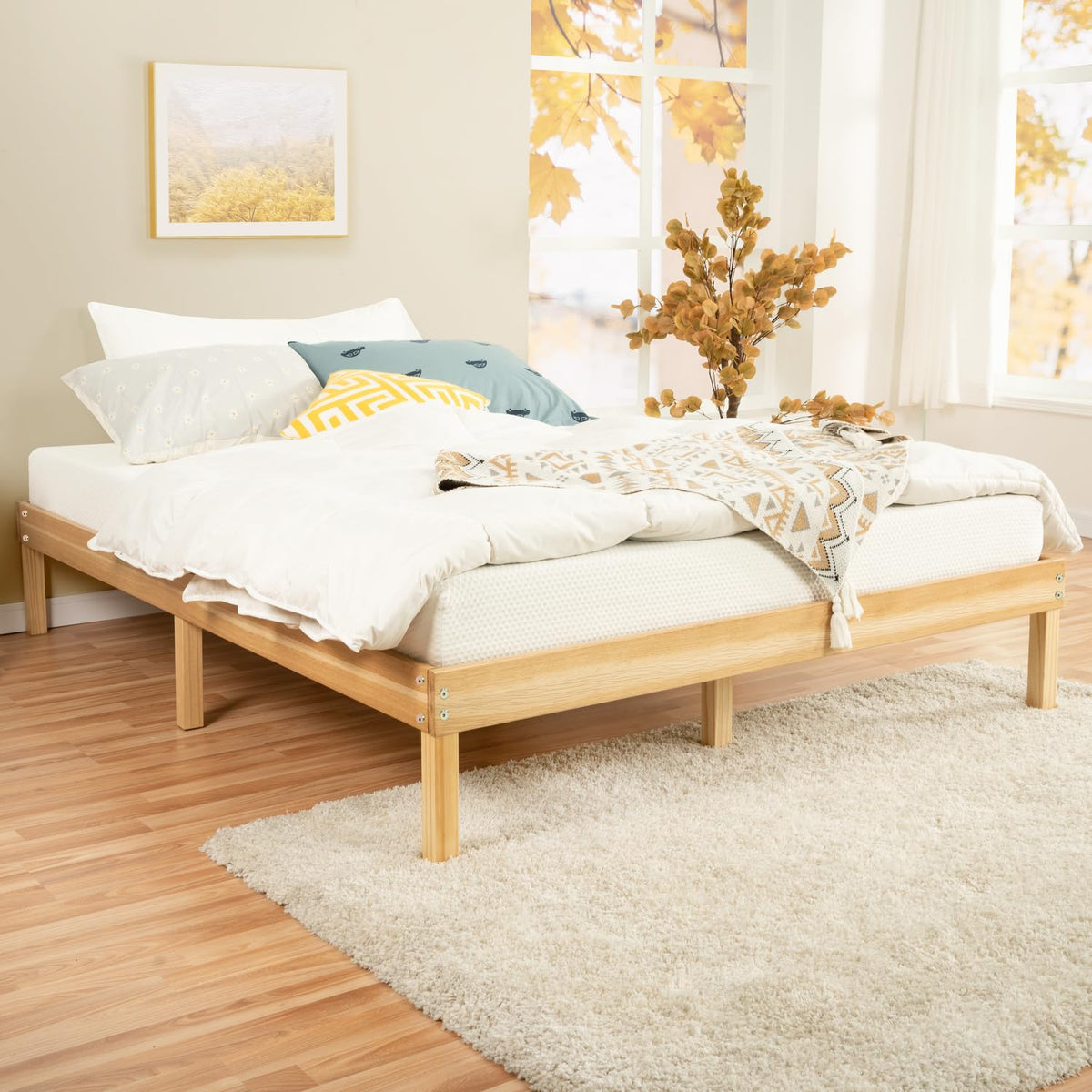 Linda 14 Inch Queen Solid Wood Platform Bed Frame, No Squeak Bed Frame with Wooden Slats, No Box Spring Needed, 9.2    Under Bed