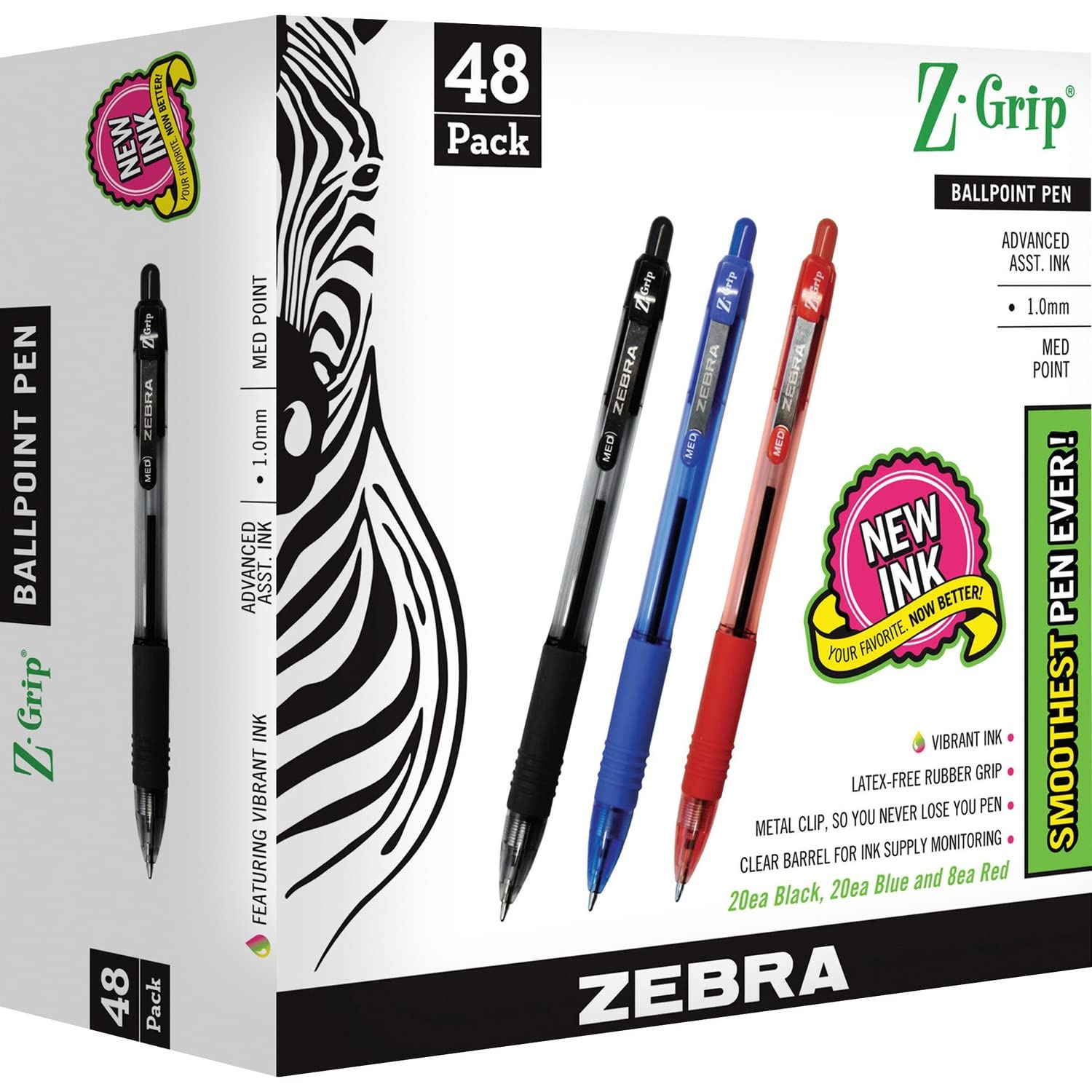 Zebra 22048 Z-Grip Retractable Ballpoint Pen, Assorted Ink, Medium, 48/Pack