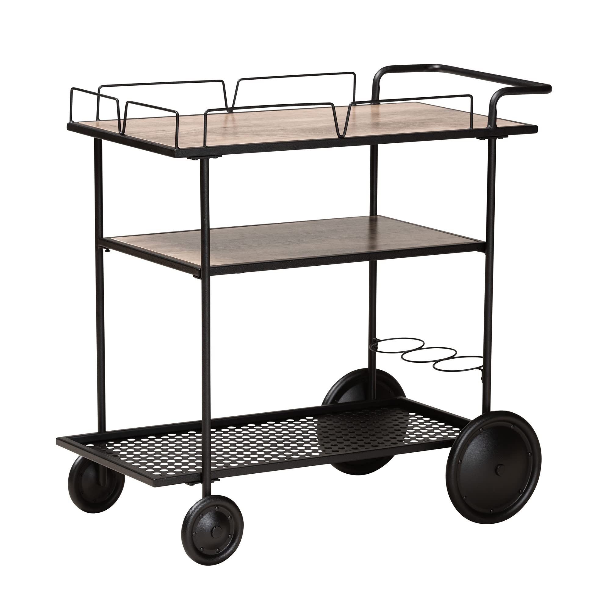 Baxton Studio Huntley Modern Industrial Walnut Brown Finished Wood and Black Metal Mobile Wine Cart
