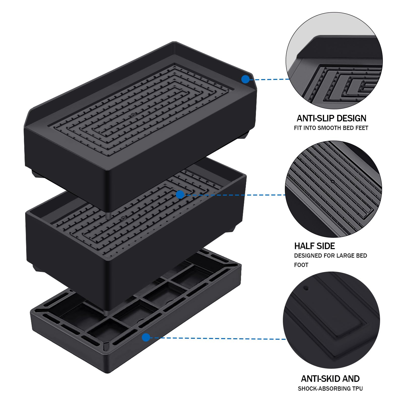 ANNKUT 3 Inch Heavy Duty Adjustable Bed Risers, Supports Up to 1,300 Lbs, 4 Pack Black for Bed, Sofa, Table, Couch