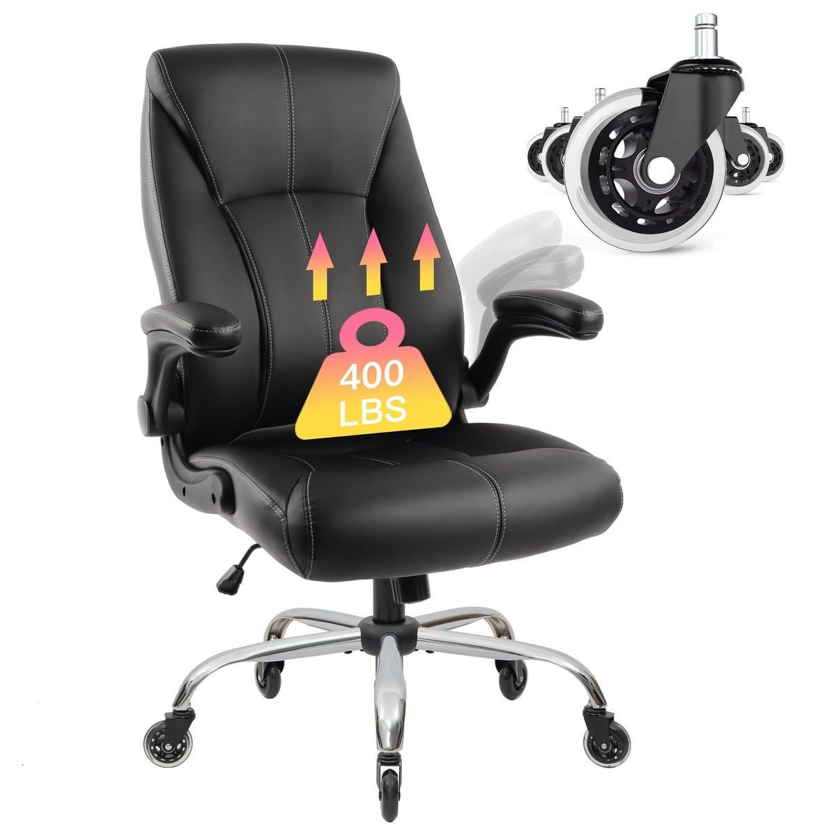 Big And Tall Office Chair For Heavy People 400Lb, Executive Desk Computer Chair Adjustable Flip-Up Armrests, Pu Leather Swivel T