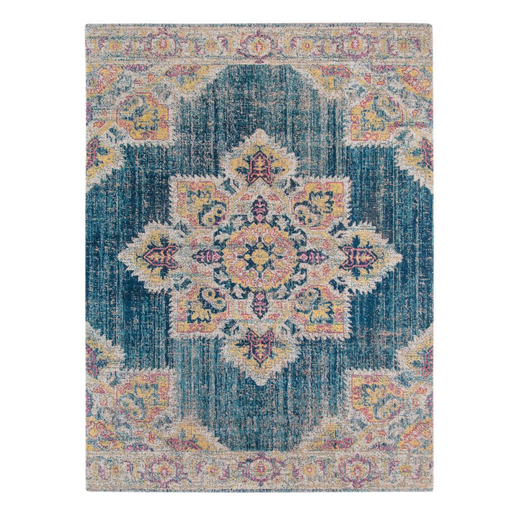 HomeRoots 532110 10 x 14 ft. Teal & Blue Medallion Power Loom Rectangle Area Rug with Fringe