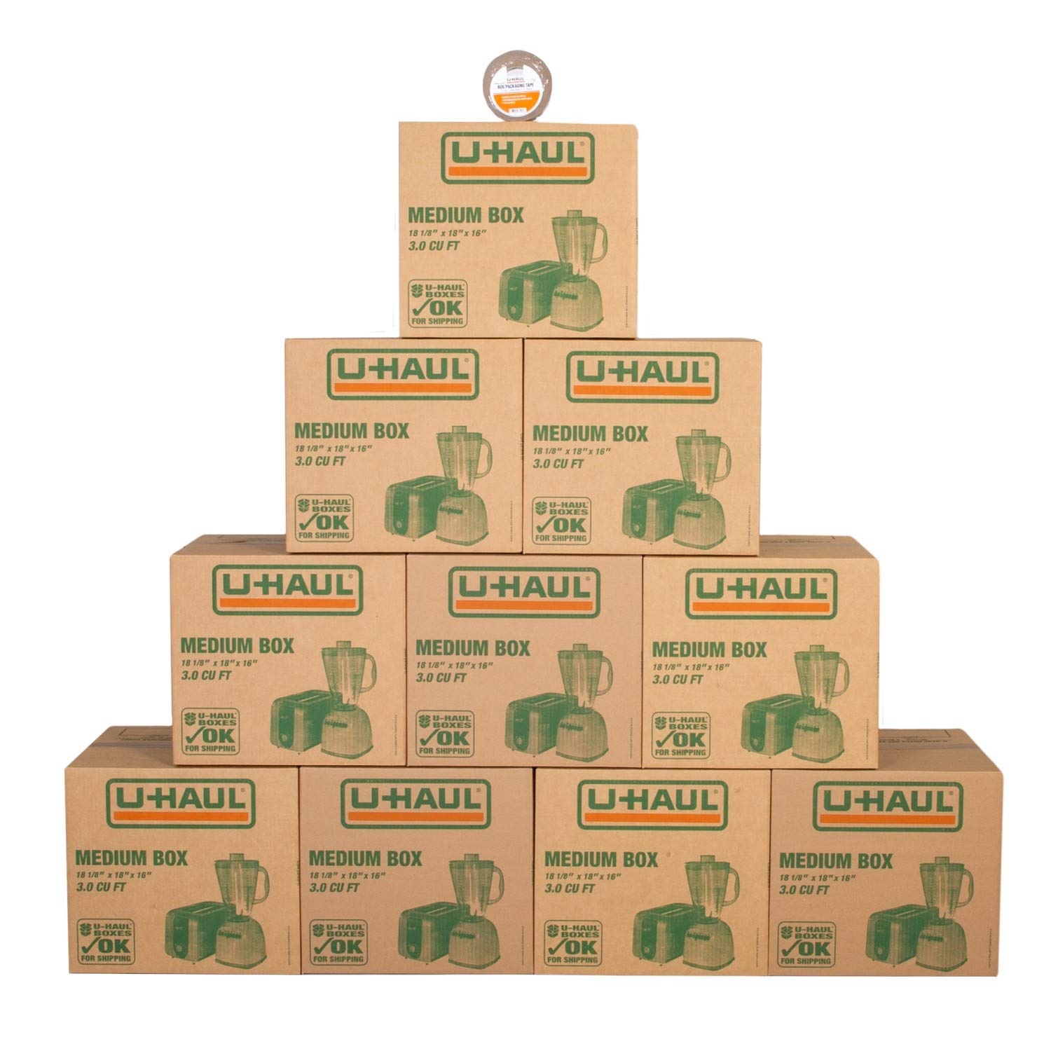 U-Haul Medium Moving Boxes - Pack Of 10 Boxes With Handles - 18    X 18 1/8    X 16   - Bonus Roll Of Tape Included