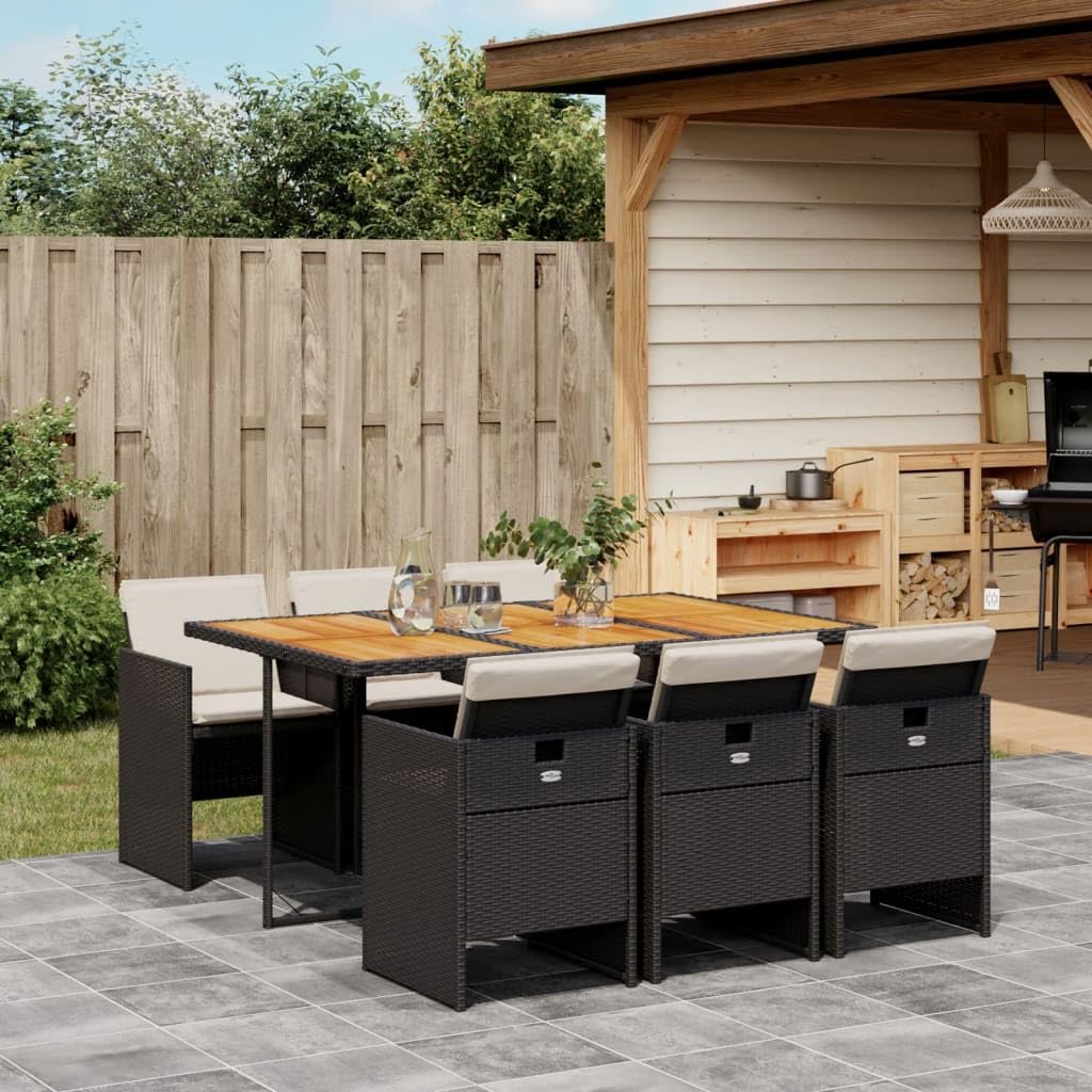 vidaXL Patio Dining Set - 7 Piece Outdoor Furniture with Cushions - Black Poly Rattan and Acacia Wood Table