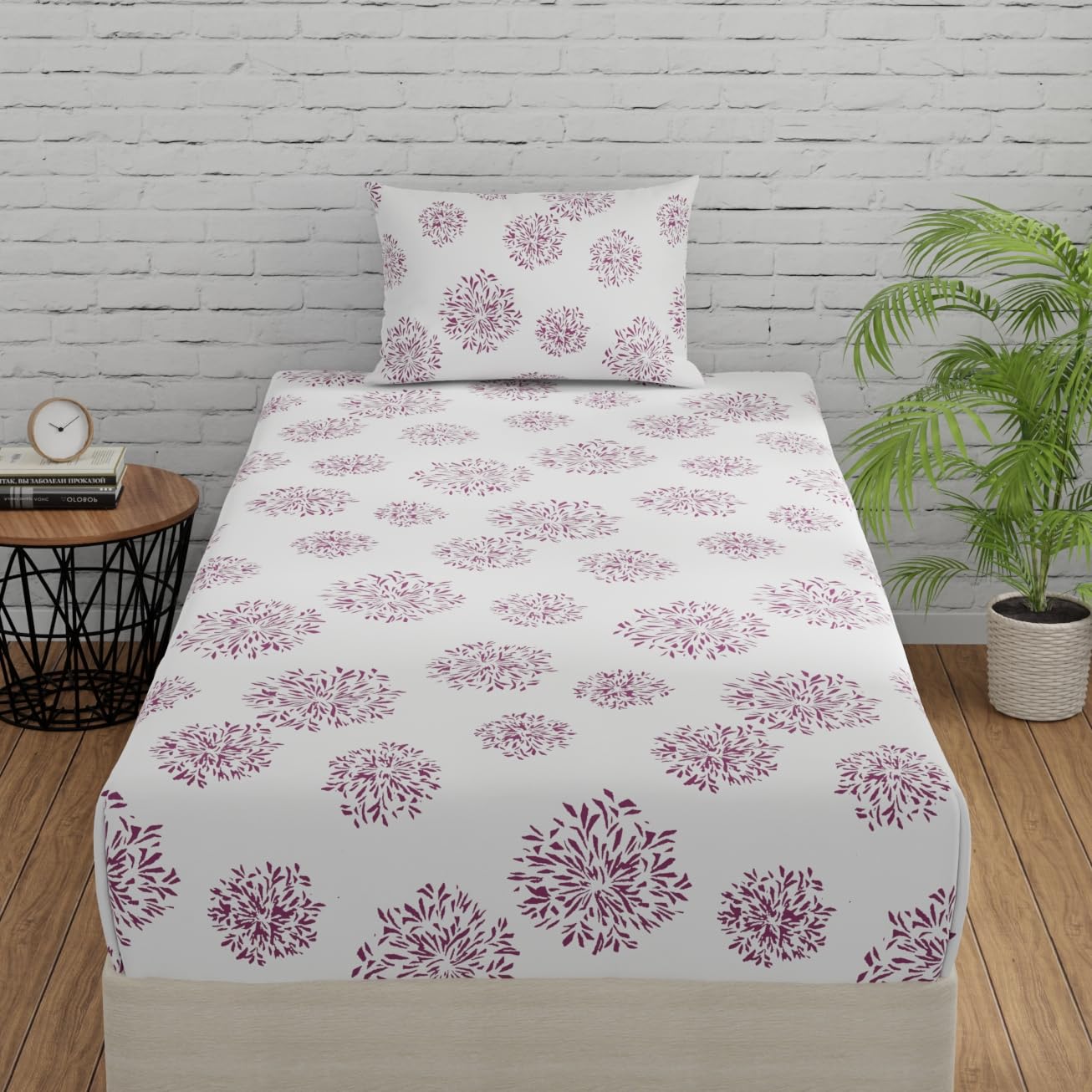 Huesland By Ahmedabad Cotton 144 Tc Fitted Elastic Cotton Bedsheet Single Bed With 1 Pillow Cover | 36X78 Inches | White (Mauve 