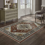 HomeRoots 508072 10 x 13 ft. Blue Beige Gray Gold Green & Rust Red Oriental Power Loom Stain Resistant Rectangle Area Rug with Fringe