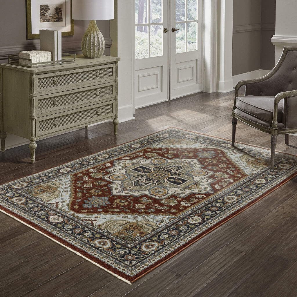 HomeRoots 508072 10 x 13 ft. Blue Beige Gray Gold Green & Rust Red Oriental Power Loom Stain Resistant Rectangle Area Rug with Fringe