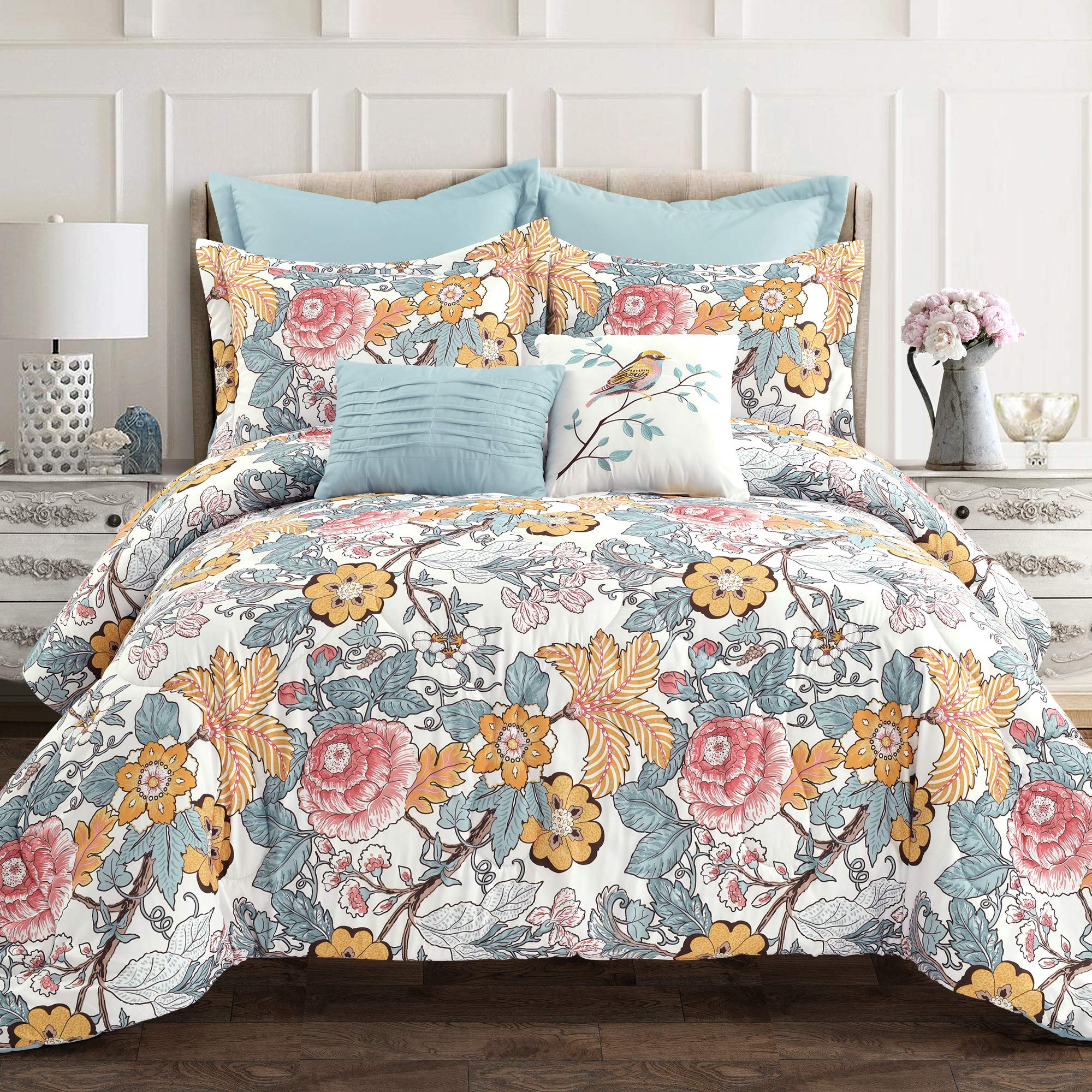 Lush Decor Sydney Comforter Set - Charming & Colorful Floral Leaf Design - 7 Piece Elegant Botanical Bedding Set With Euro Shams