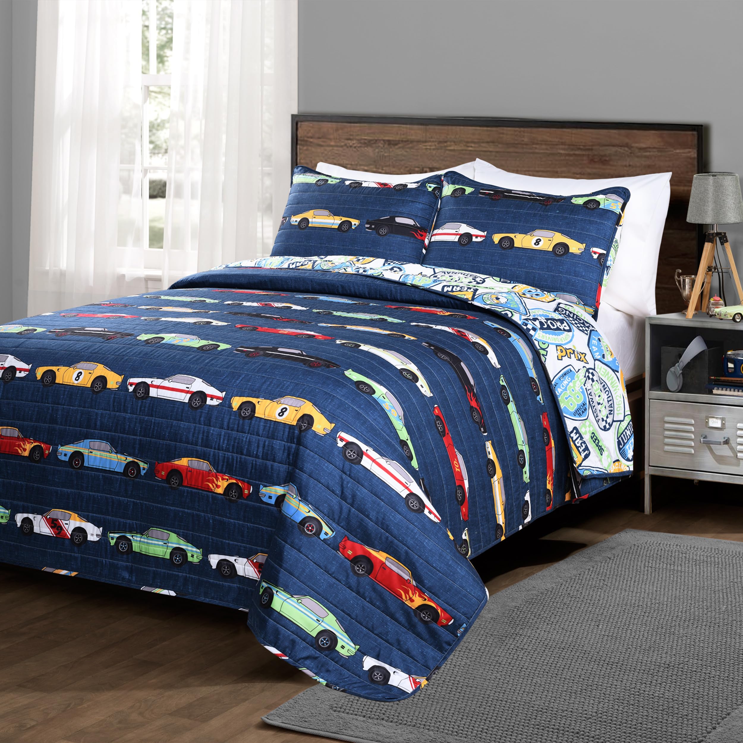 Lush Decor Race Car Kids' 2-Piece Quilt Bed Set, Reversible Bedding Set For Boys, Navy, Twin