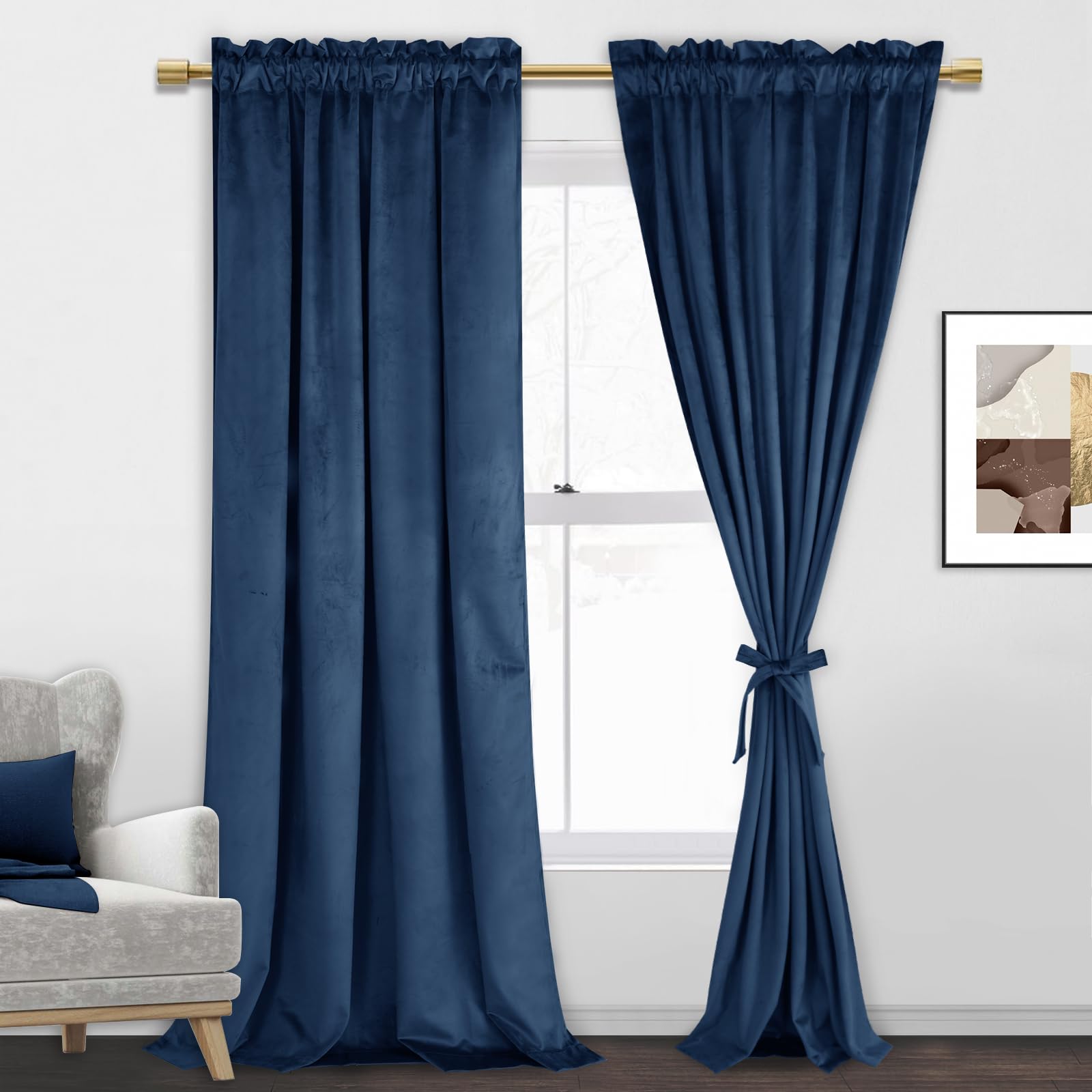 Jiuzhen Navy Velvet Curtains 84 Inches For Bedroom Luxury Soft Retro Blackout Velvet Drapes Rod Pocket Room Darkening Blackout C