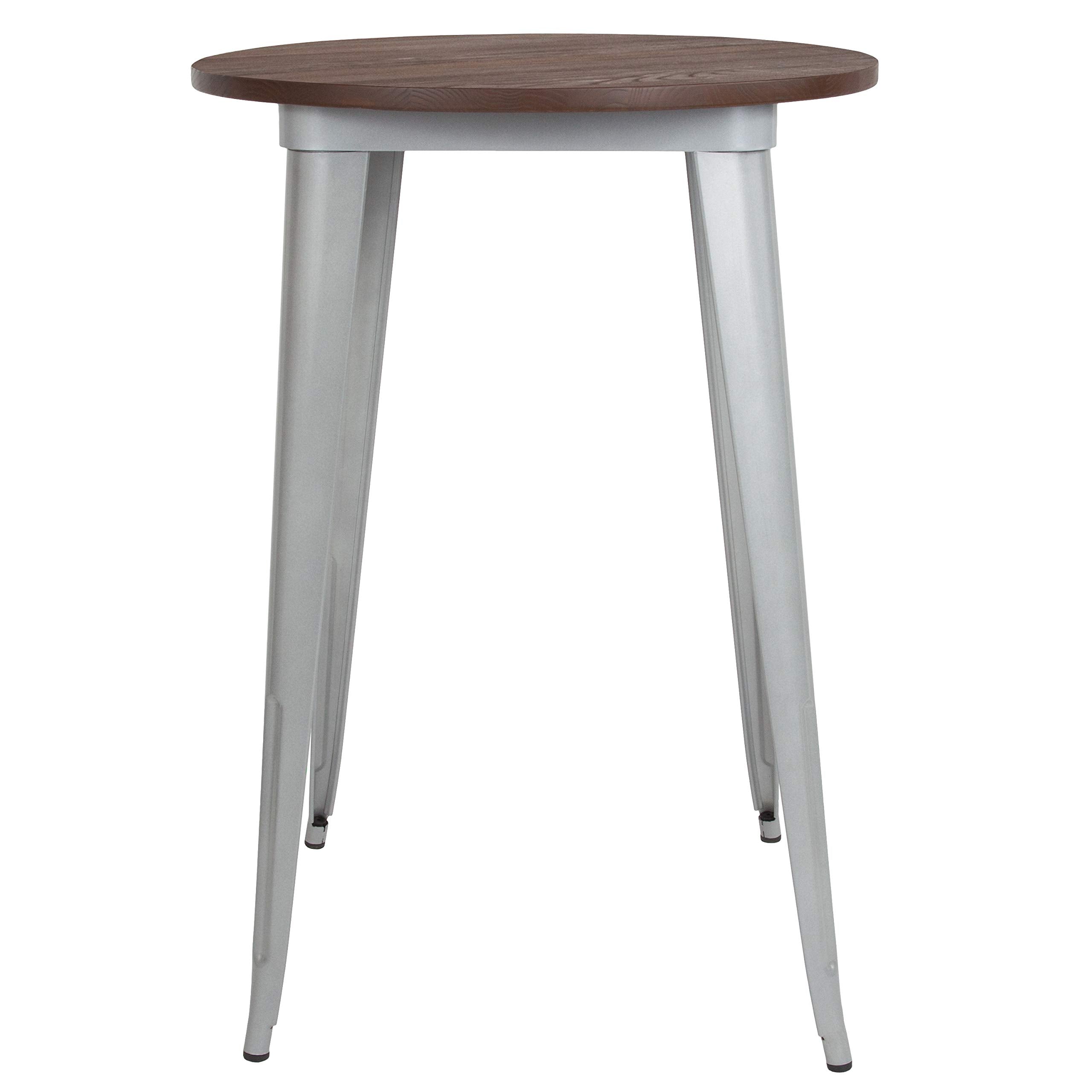 Flash Furniture Philip 30&quot; Round Silver Metal Indoor Bar Height Table With Walnut Rustic Wood Top