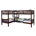 Wooden L Shaped Twin Quad Bunk Bed with Attached Ladder, Brown