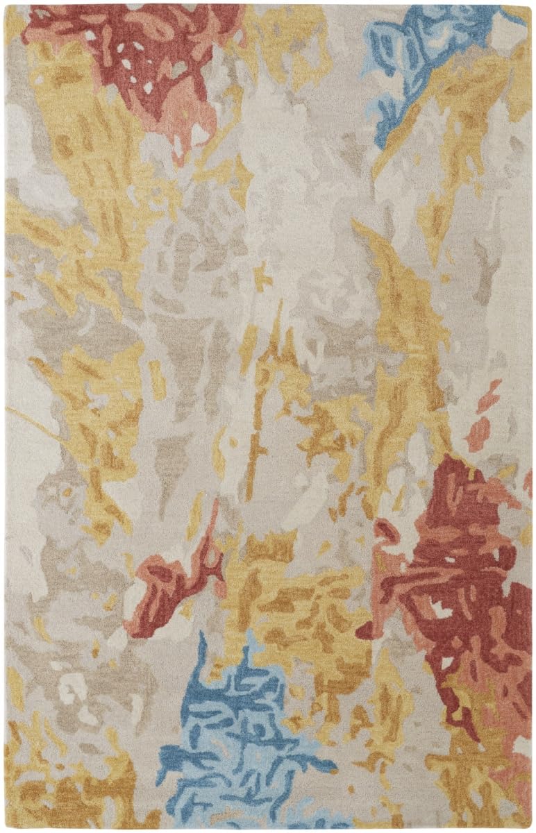 HomeRoots 513637 8 x 10 ft. Ivory Yellow & Blue Wool Abstract Hand Tufted Handmade Stain Resistant Rectangle Area Rug