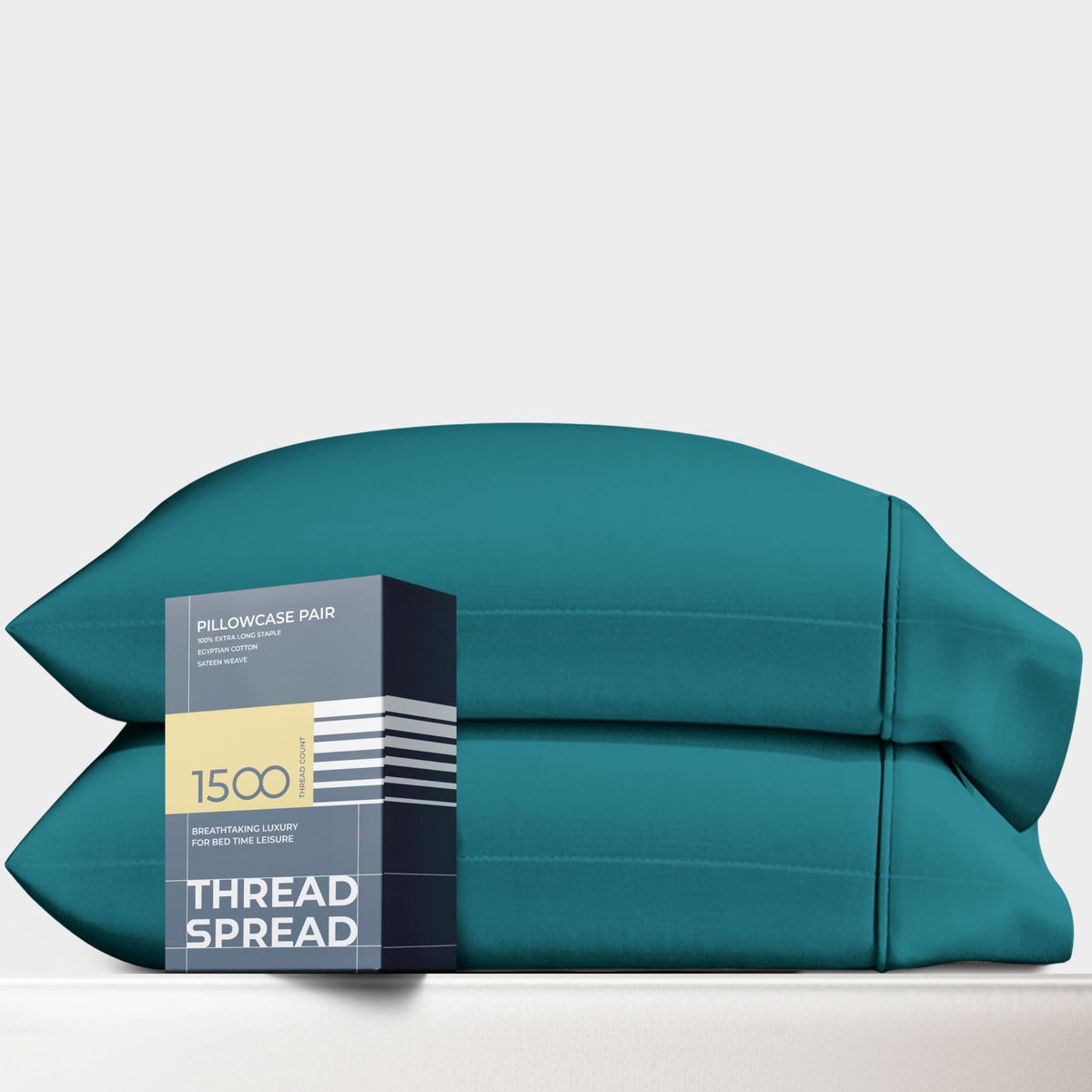 Thread Spread 100% Egyptian Cotton Pillow Cases Standard/Queen Size Set Of 2 - Luxury 1500 Thread Count Sateen Teal Pillow Cases