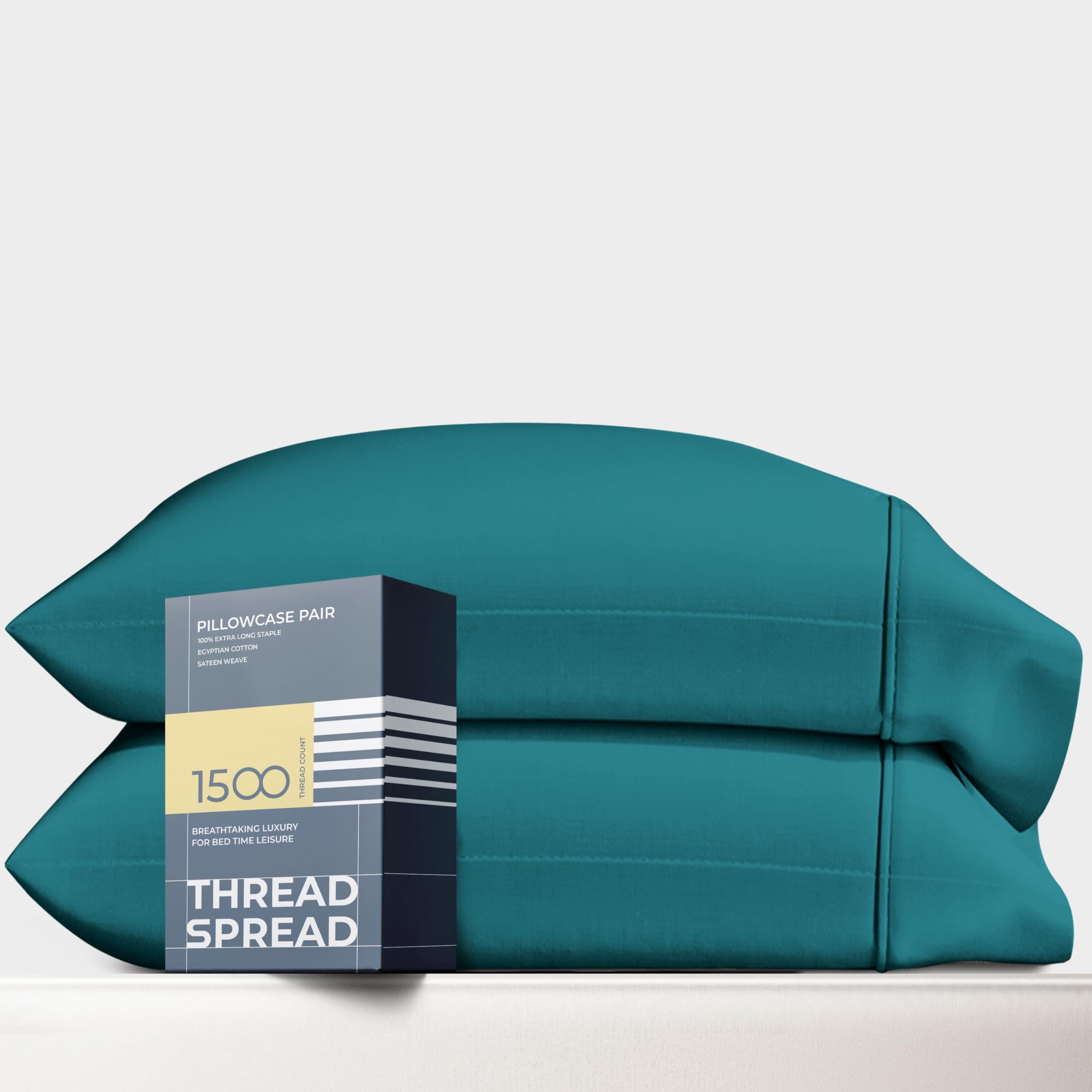 Thread Spread 100% Egyptian Cotton Pillow Cases Standard/Queen Size Set Of 2 - Luxury 1500 Thread Count Sateen Teal Pillow Cases