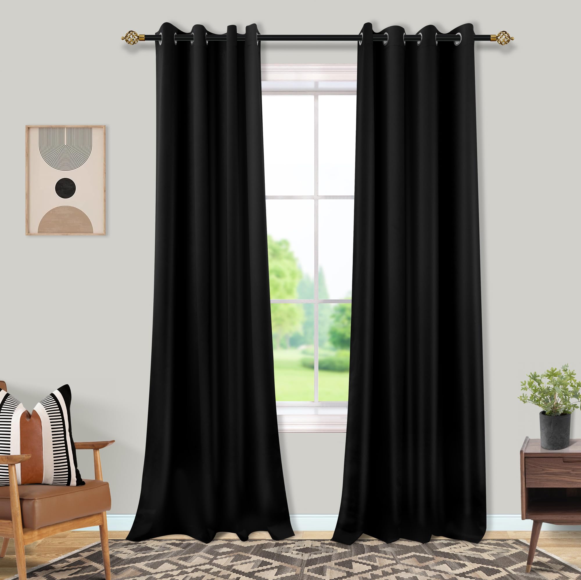 Mrs.Naturall 90 Inch Curtains,Blackout Grommet Thermal Black Out Drapes 90 Inches Long 2 Panels Set For Living Room Bedroom,Blac