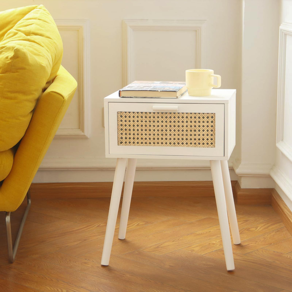Awasen White Rattan Nightstand, Modern Bedside Table With Rattan Drawer, End Table With Storage And Solid Wood Legs For Bedroom Living Room Small Space (White)