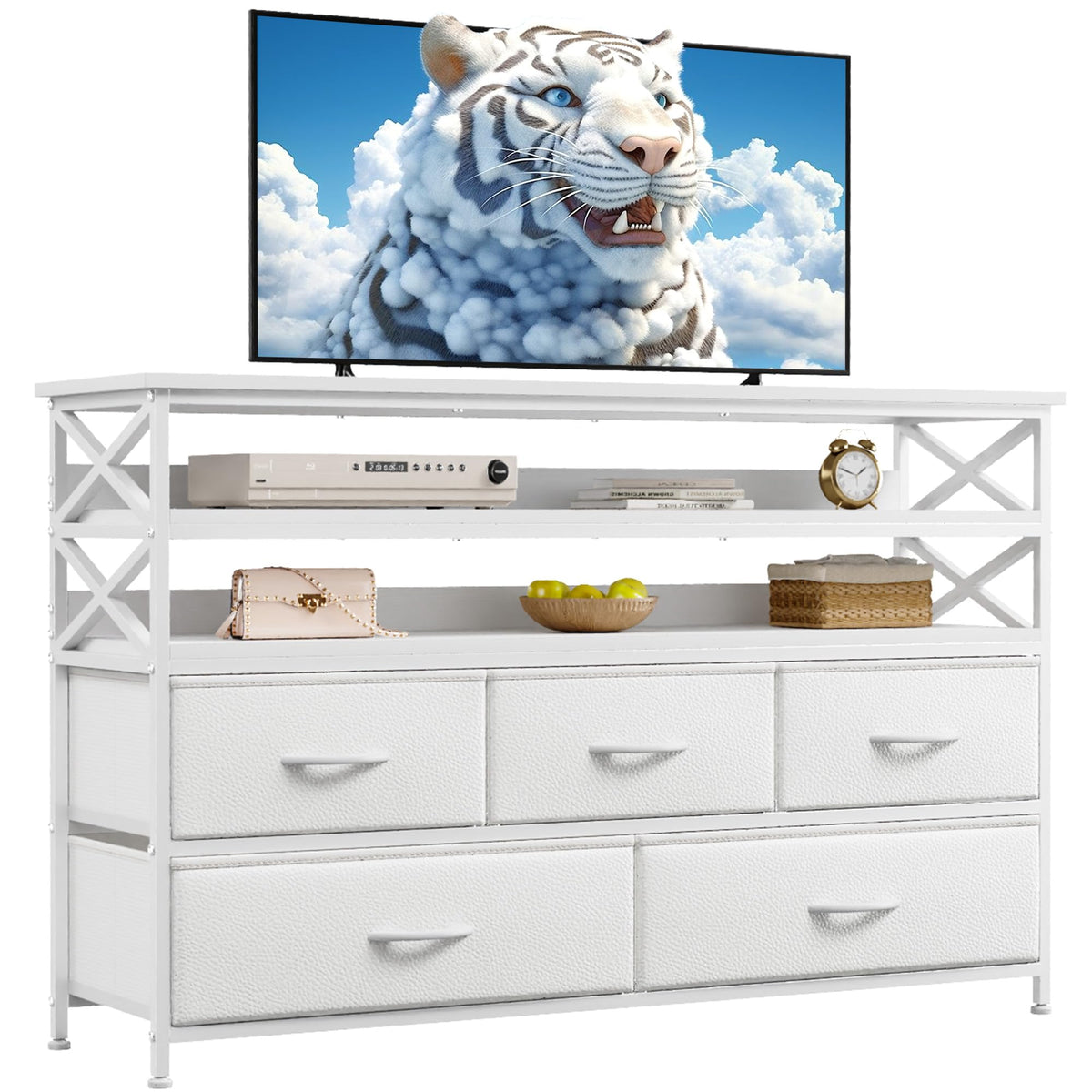 Enhomee White Dresser For Bedroom With 5 Drawers, 55' Tv Stand Dresser With Open Shelf, Fabric Dressers & Chests Of Drawers For Entryway, Closet, Living Room
